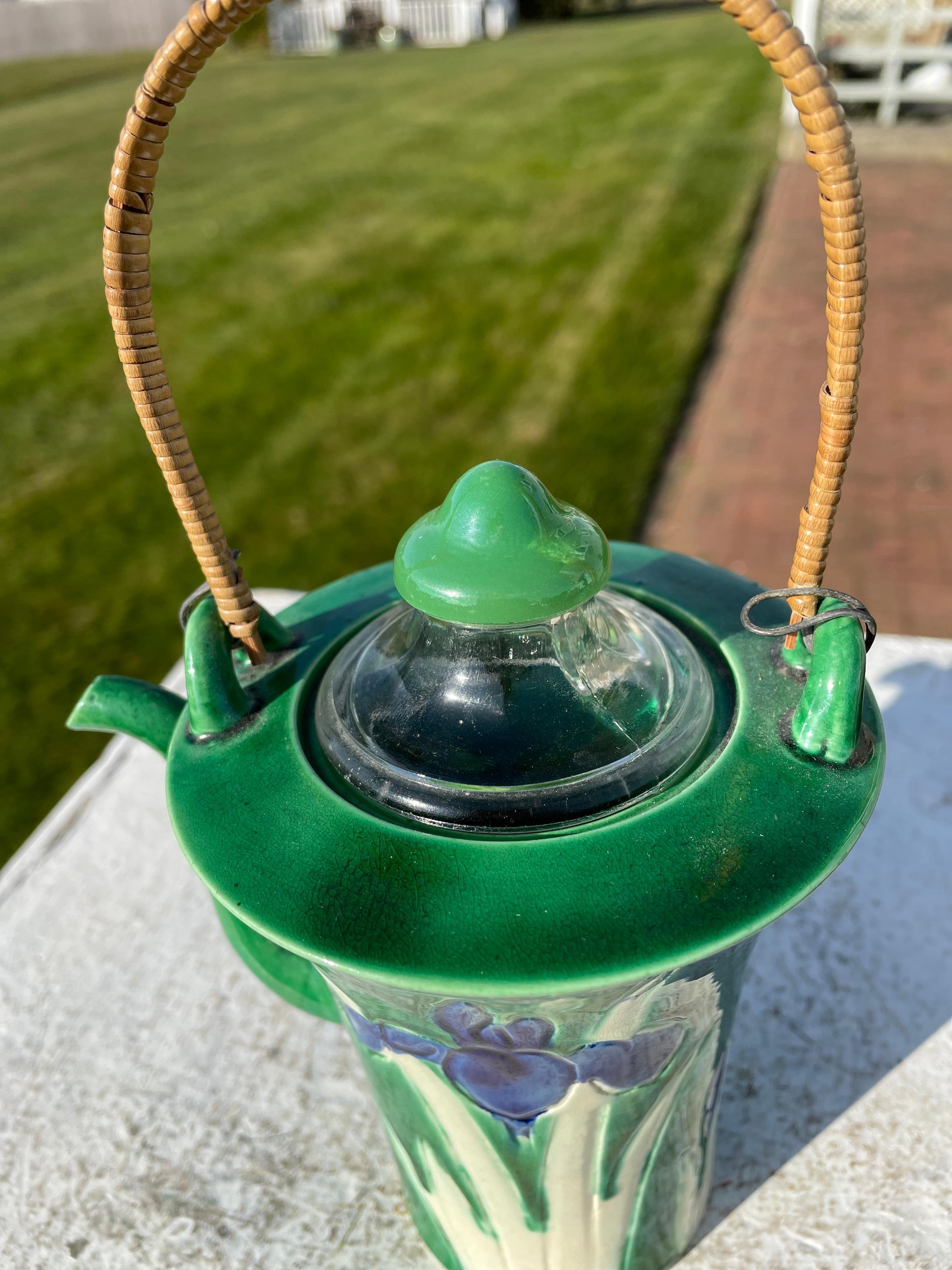 Japanese Sleek Blue Iris Bamboo Handled Tea Pot 1930s 3