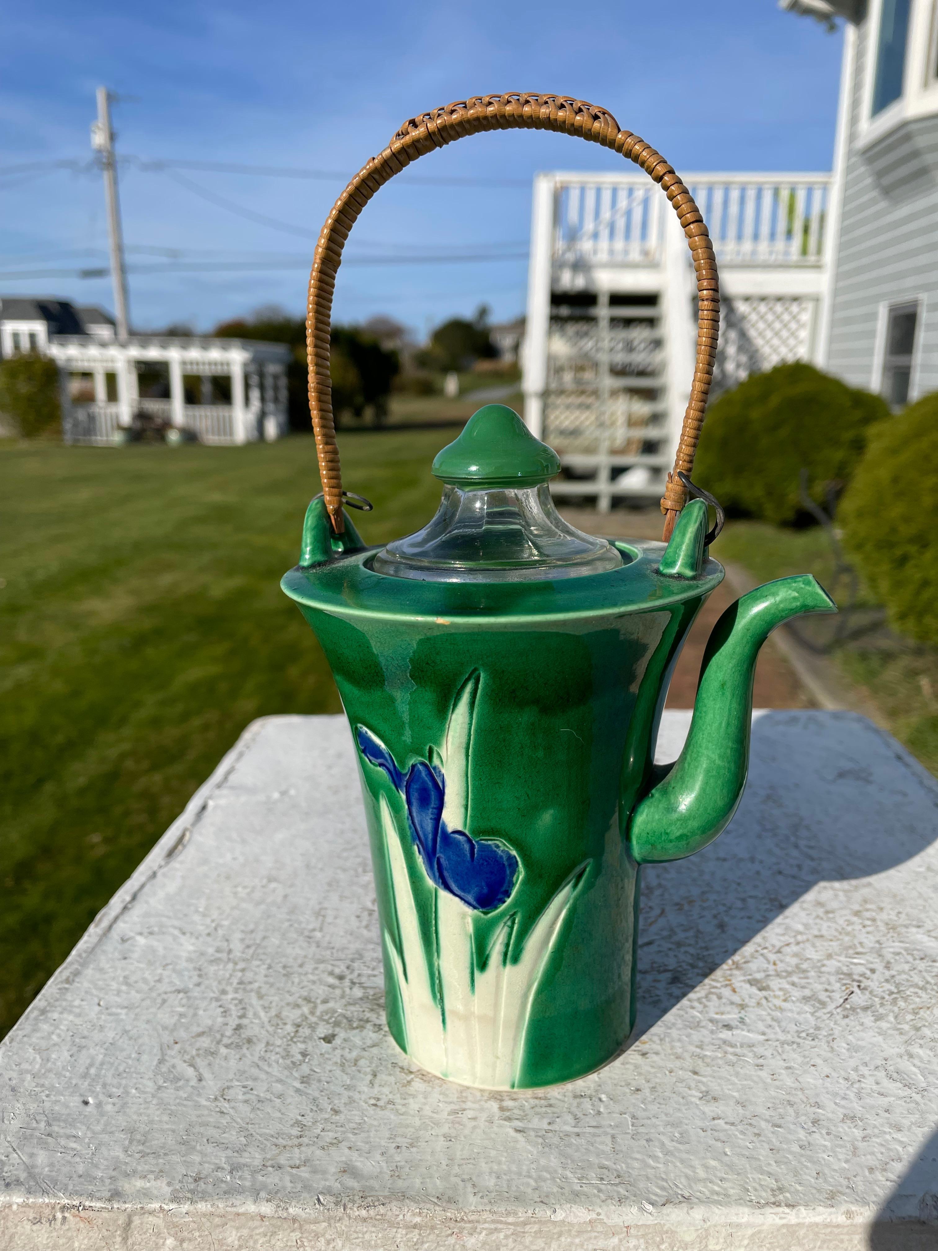 Japanese Sleek Blue Iris Bamboo Handled Tea Pot 1930s 9