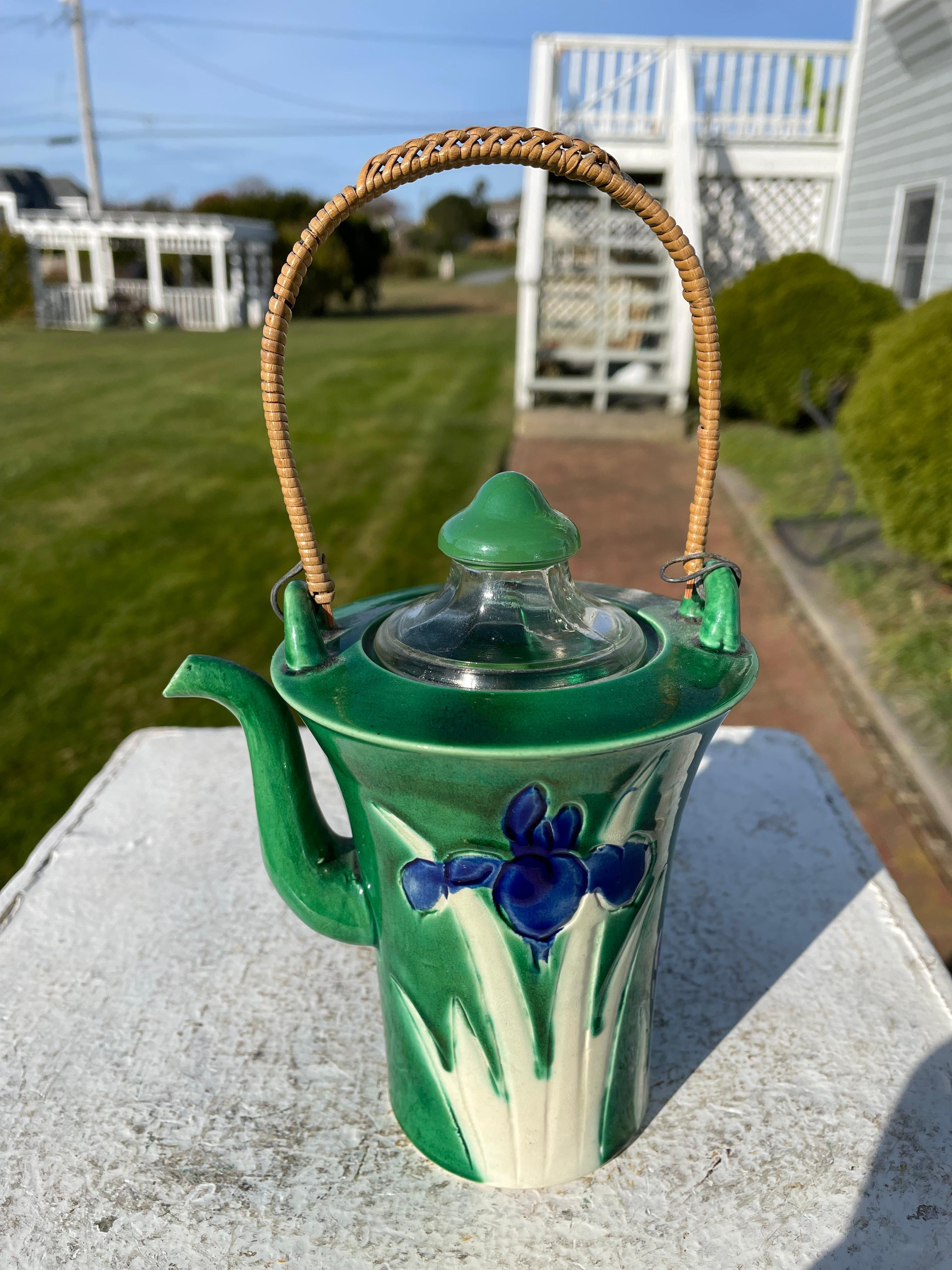 Japanese Sleek Blue Iris Bamboo Handled Tea Pot 1930s 10