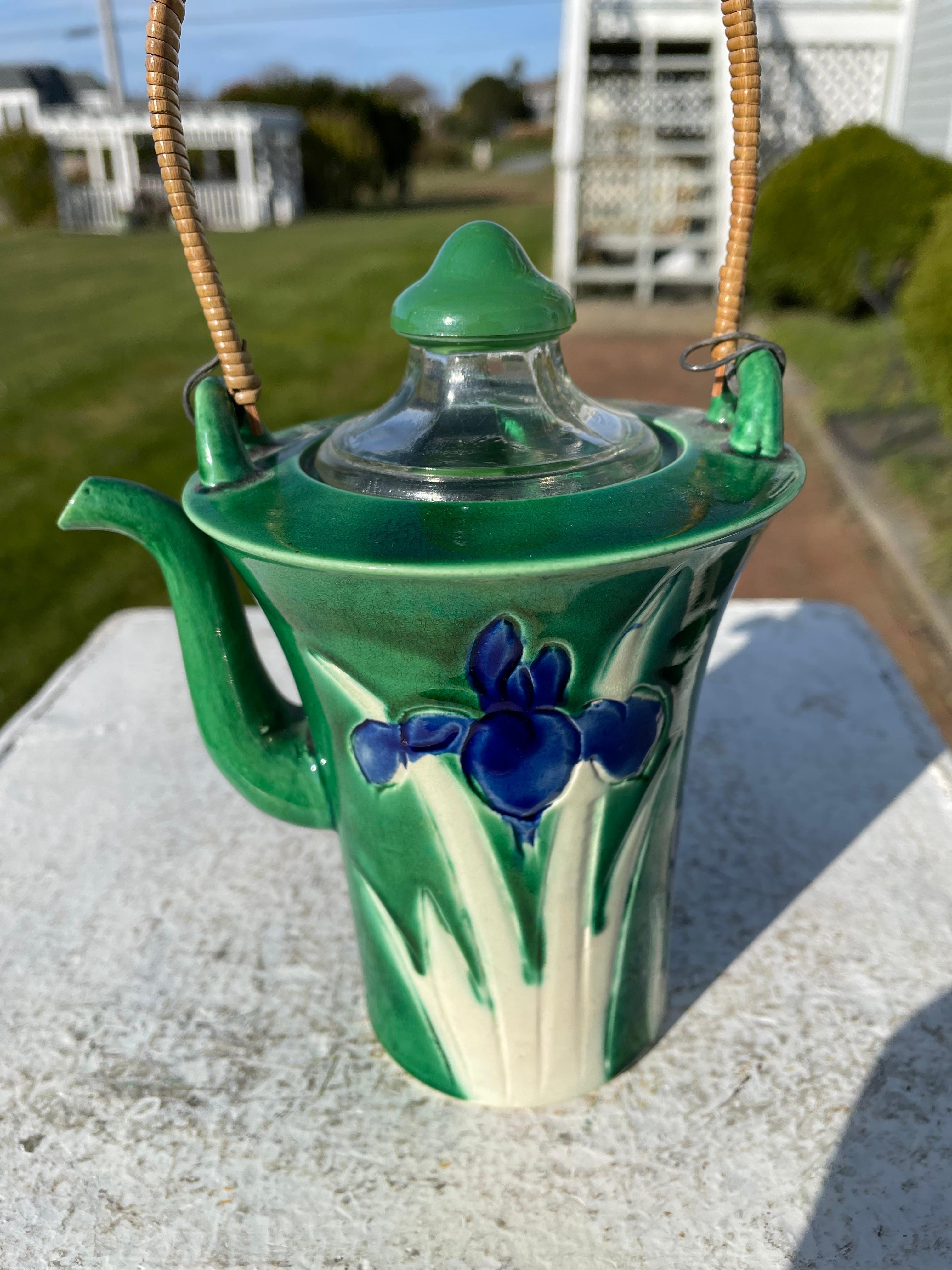 Glazed Japanese Sleek Blue Iris Bamboo Handled Tea Pot 1930s