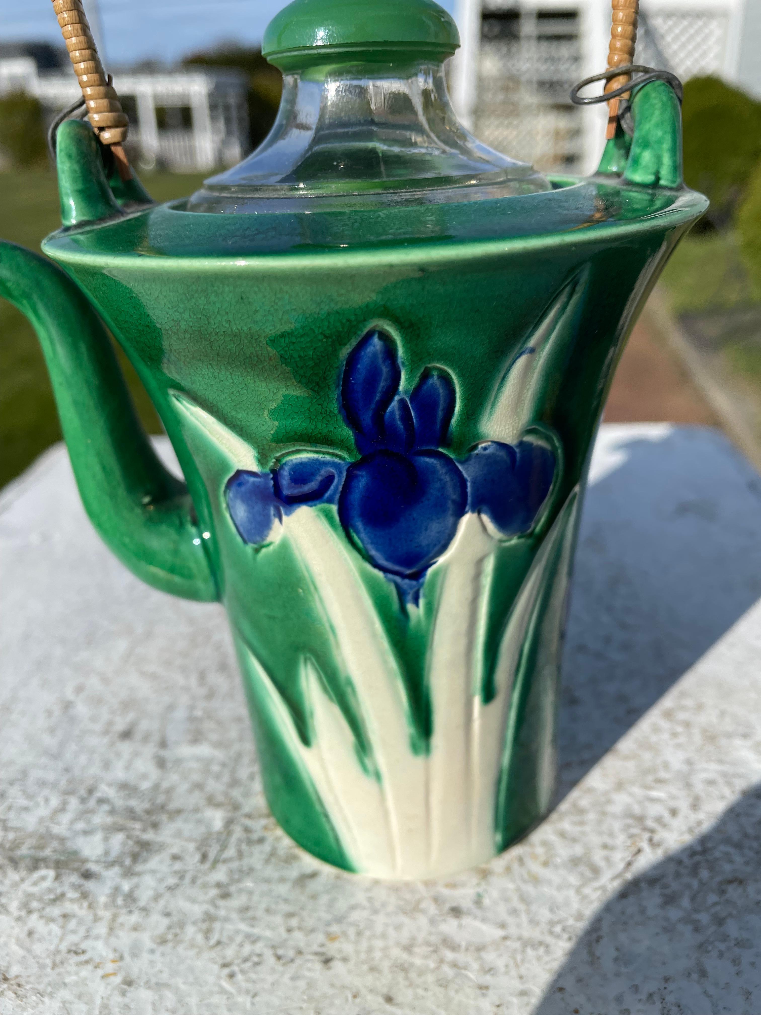 Japanese Sleek Blue Iris Bamboo Handled Tea Pot 1930s In Good Condition In South Burlington, VT