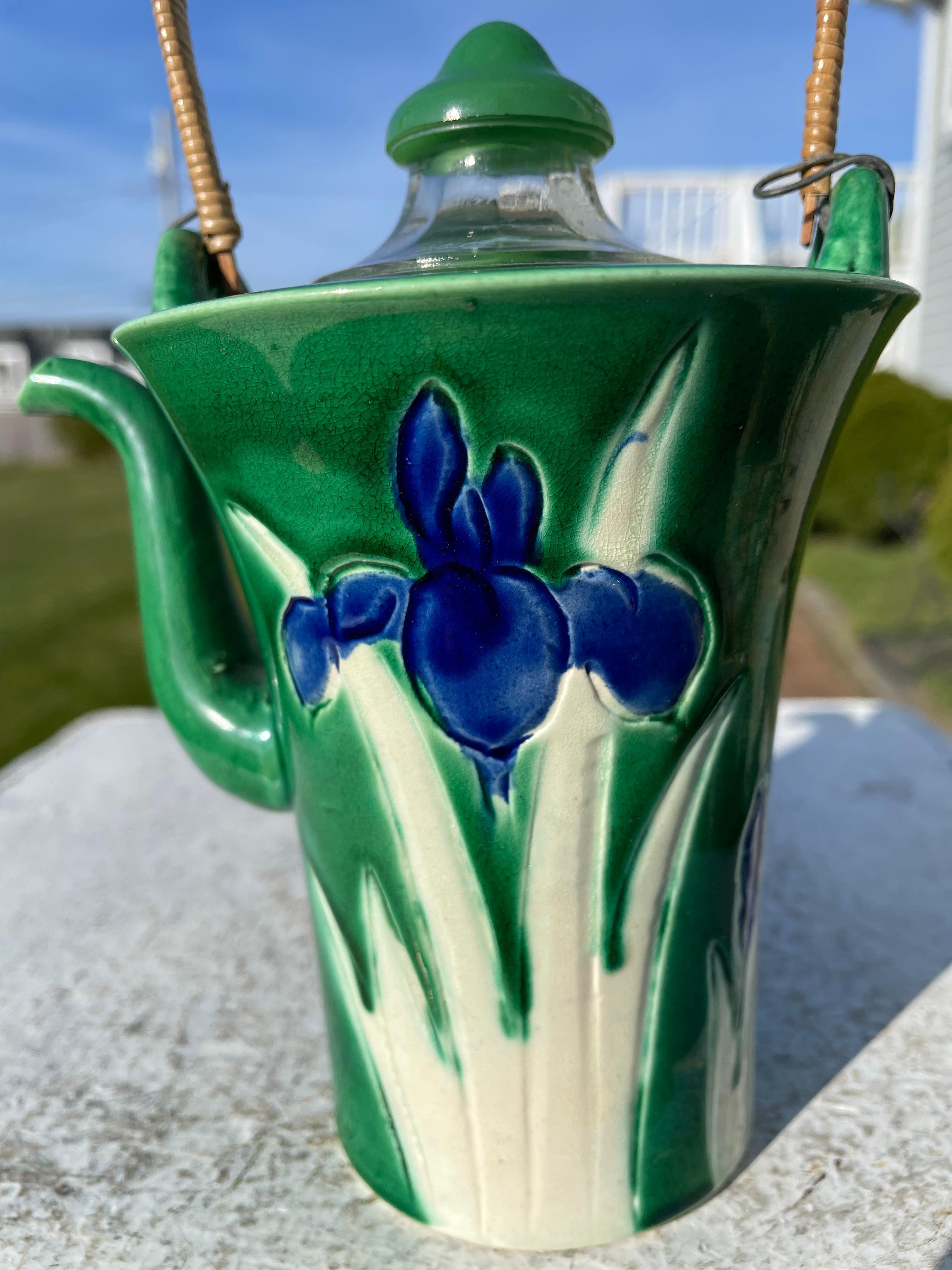 20th Century Japanese Sleek Blue Iris Bamboo Handled Tea Pot 1930s