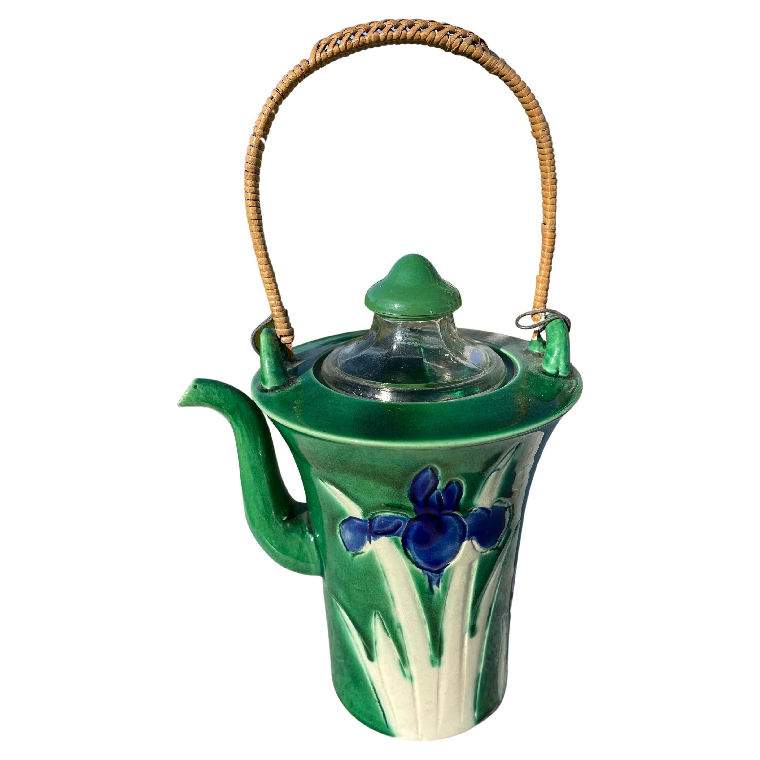 Japanese Sleek Blue Iris Bamboo Handled Tea Pot 1930s