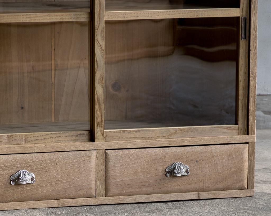 Chestnut Japanese Antique Sliding Glass Door Cabinet, Early Showa Period '1926-' For Sale