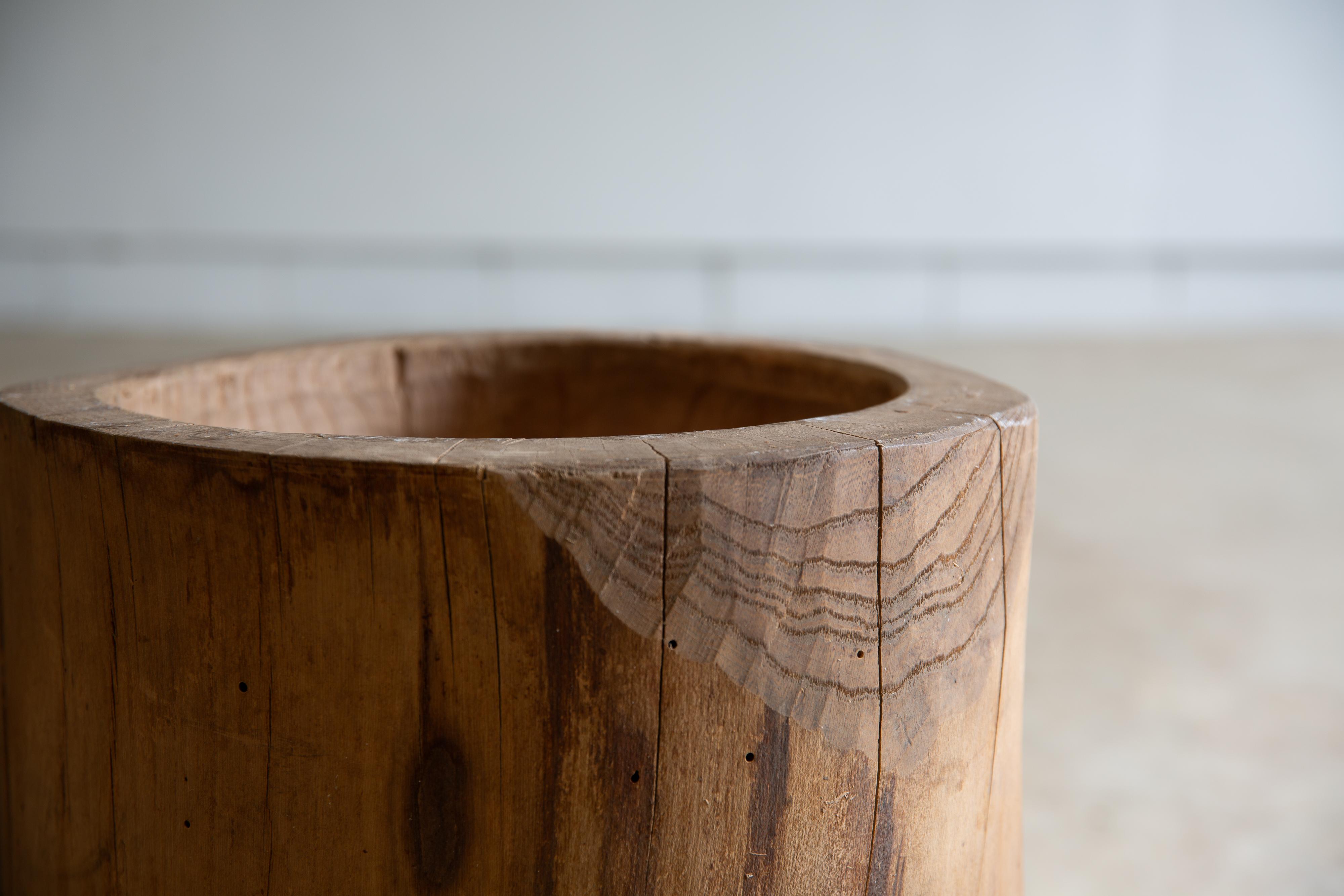 Japanese antique slim wooden mortar. side table / coffee table wabi sabi organic For Sale 10