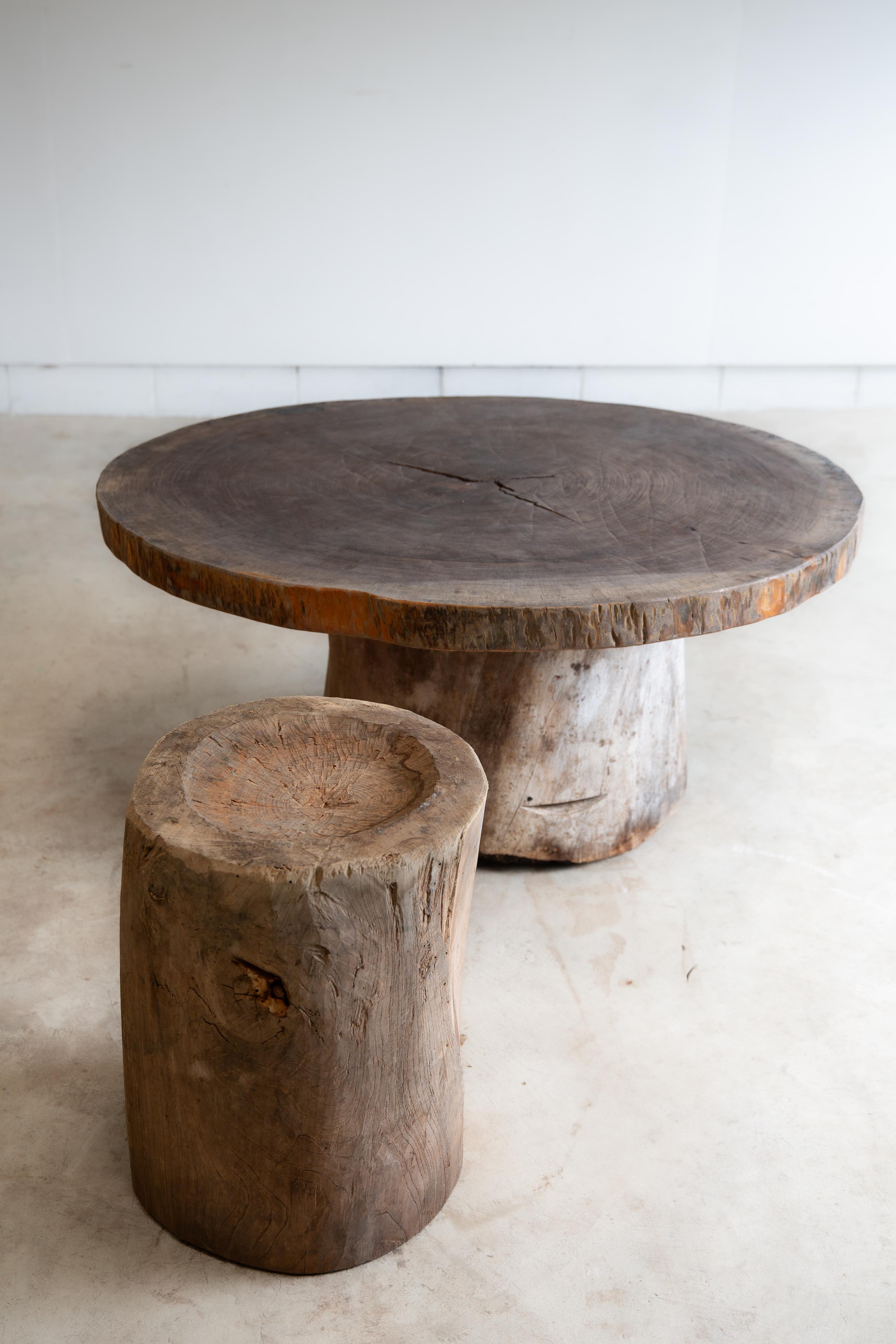 Folk Art Japanese antique slim wooden mortar. side table / coffee table wabi sabi organic For Sale