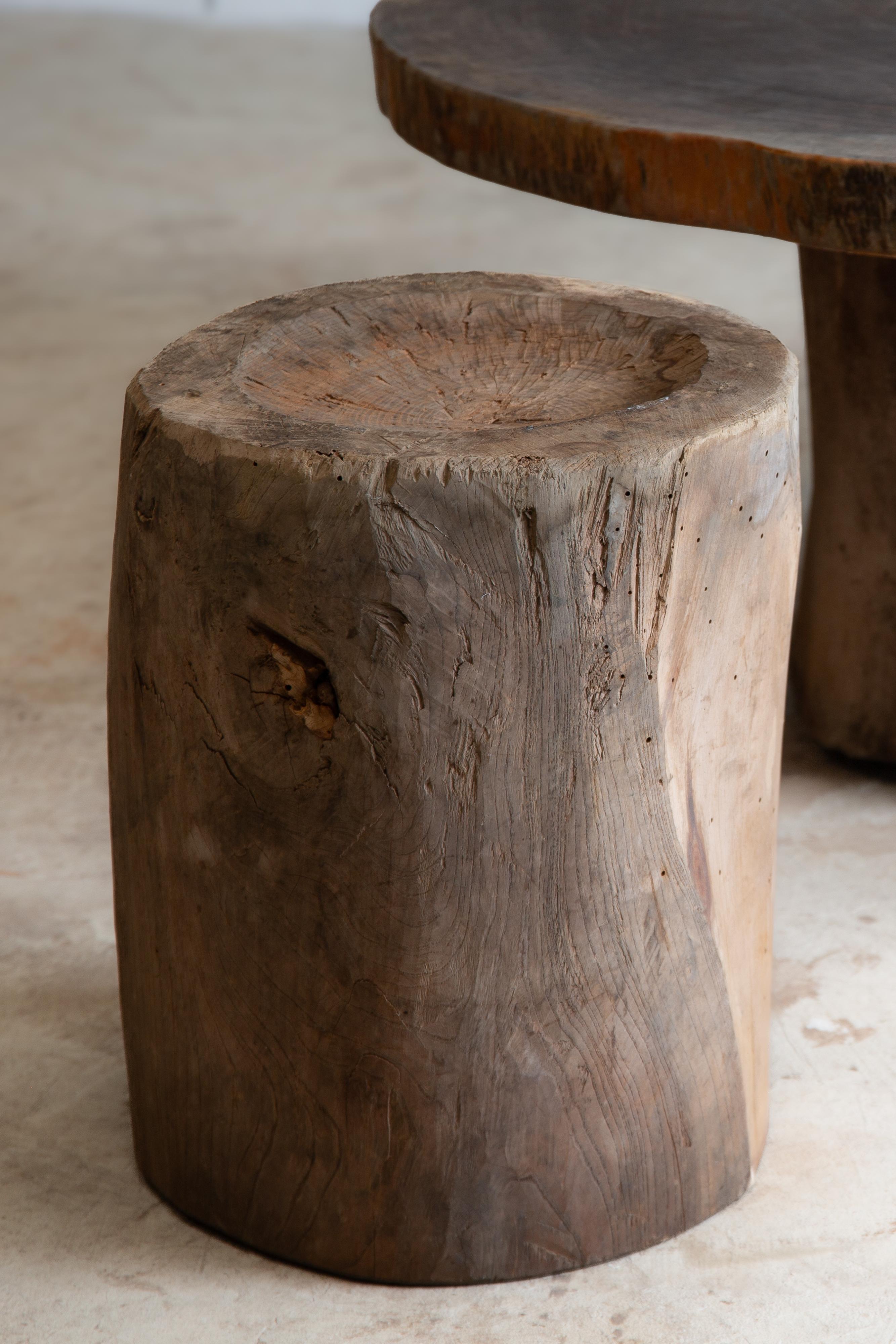Hand-Carved Japanese antique slim wooden mortar. side table / coffee table wabi sabi organic For Sale