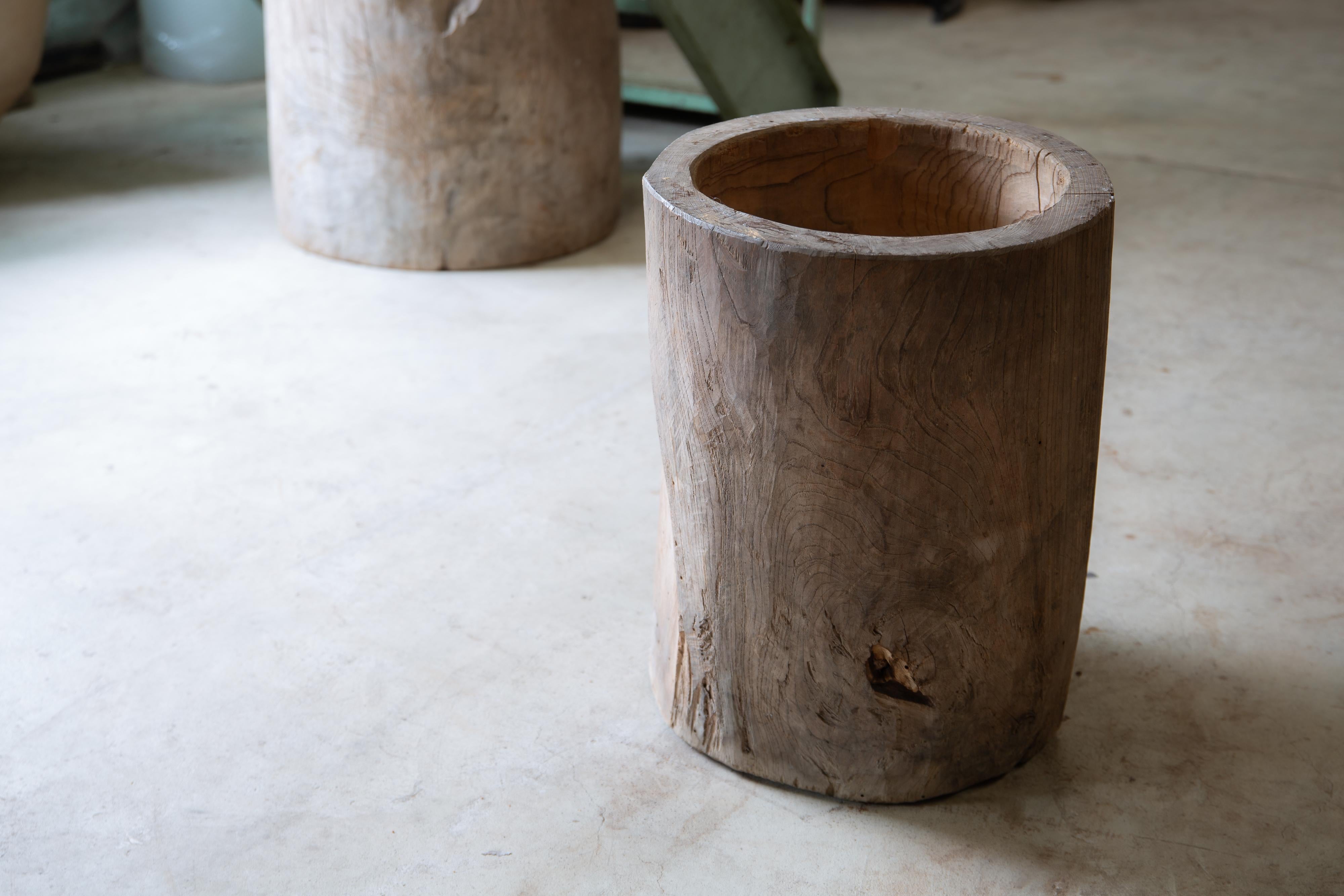 19th Century Japanese antique slim wooden mortar. side table / coffee table wabi sabi organic For Sale