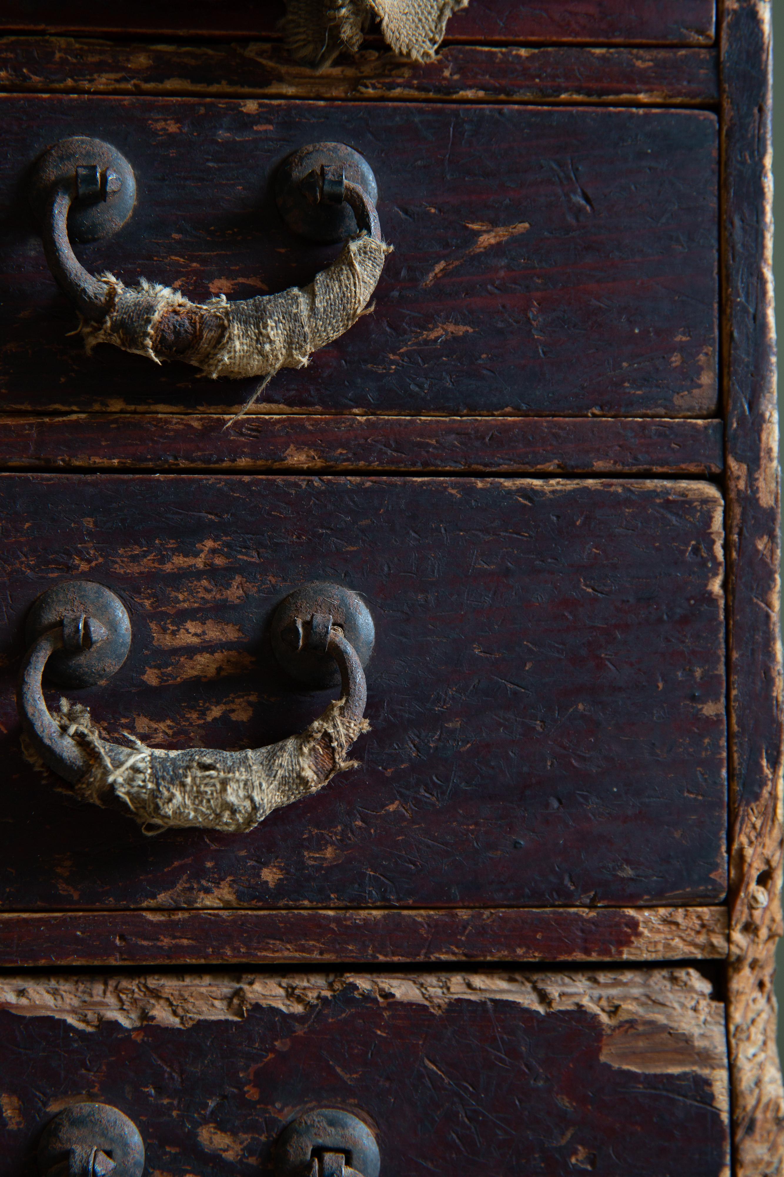 1916 Japanese antique small box chest of drawers w/ Boro ribbon, wabi sabi tansu For Sale 3