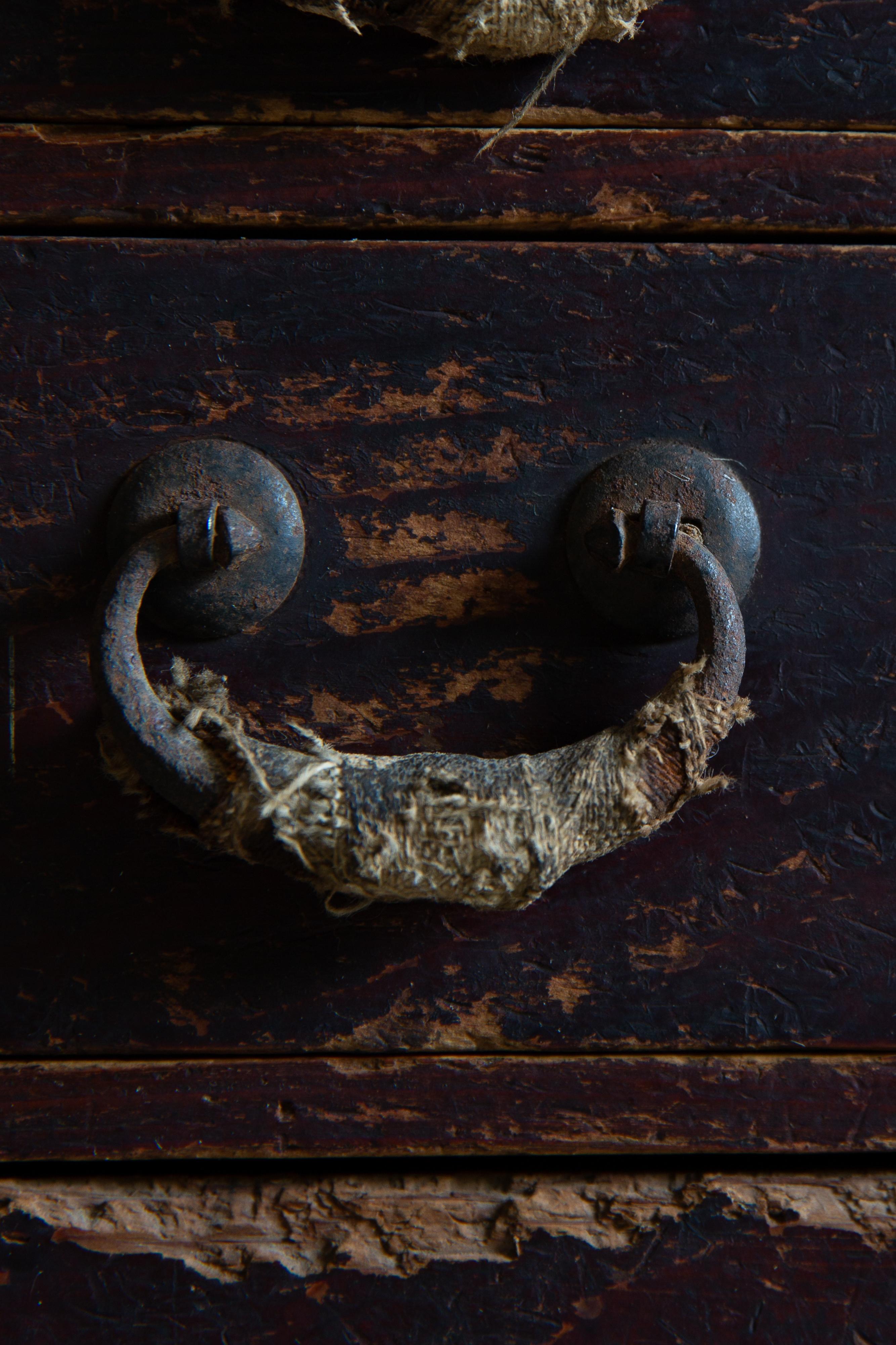 1916 Japanese antique small box chest of drawers w/ Boro ribbon, wabi sabi tansu For Sale 4
