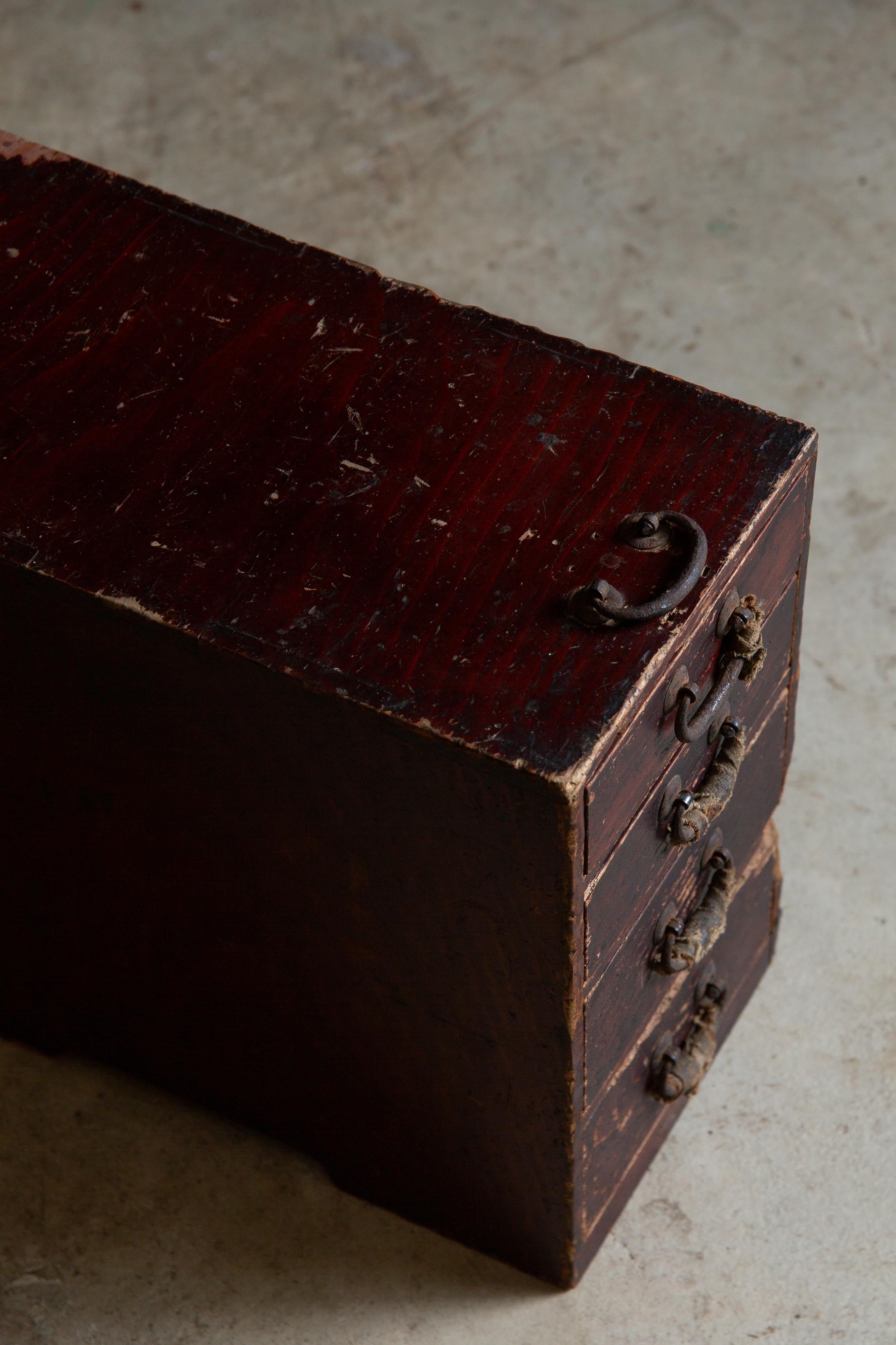 1916 Japanese antique small box chest of drawers w/ Boro ribbon, wabi sabi tansu For Sale 6