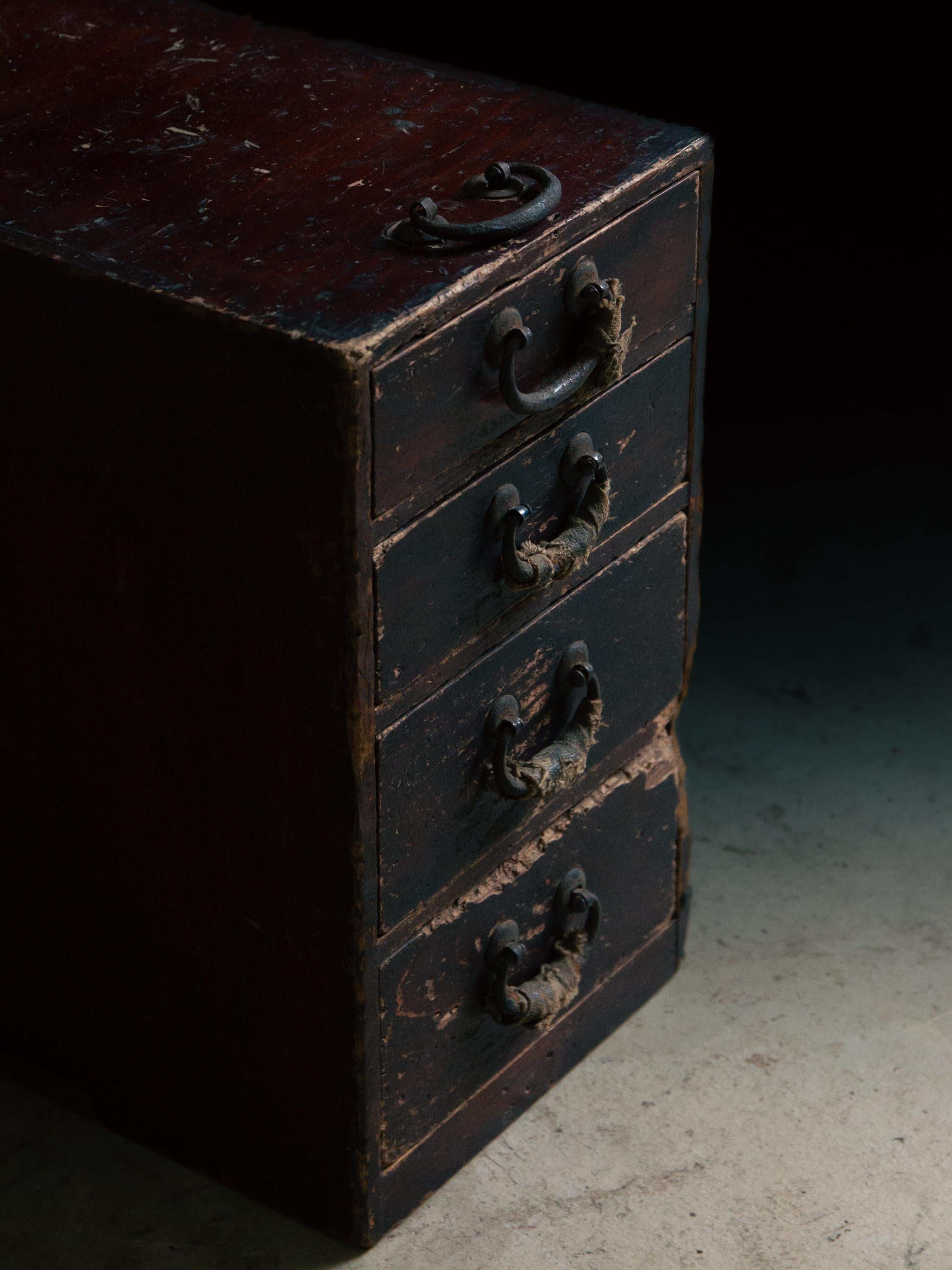 1916 Japanese antique small box chest of drawers w/ Boro ribbon, wabi sabi tansu For Sale 8