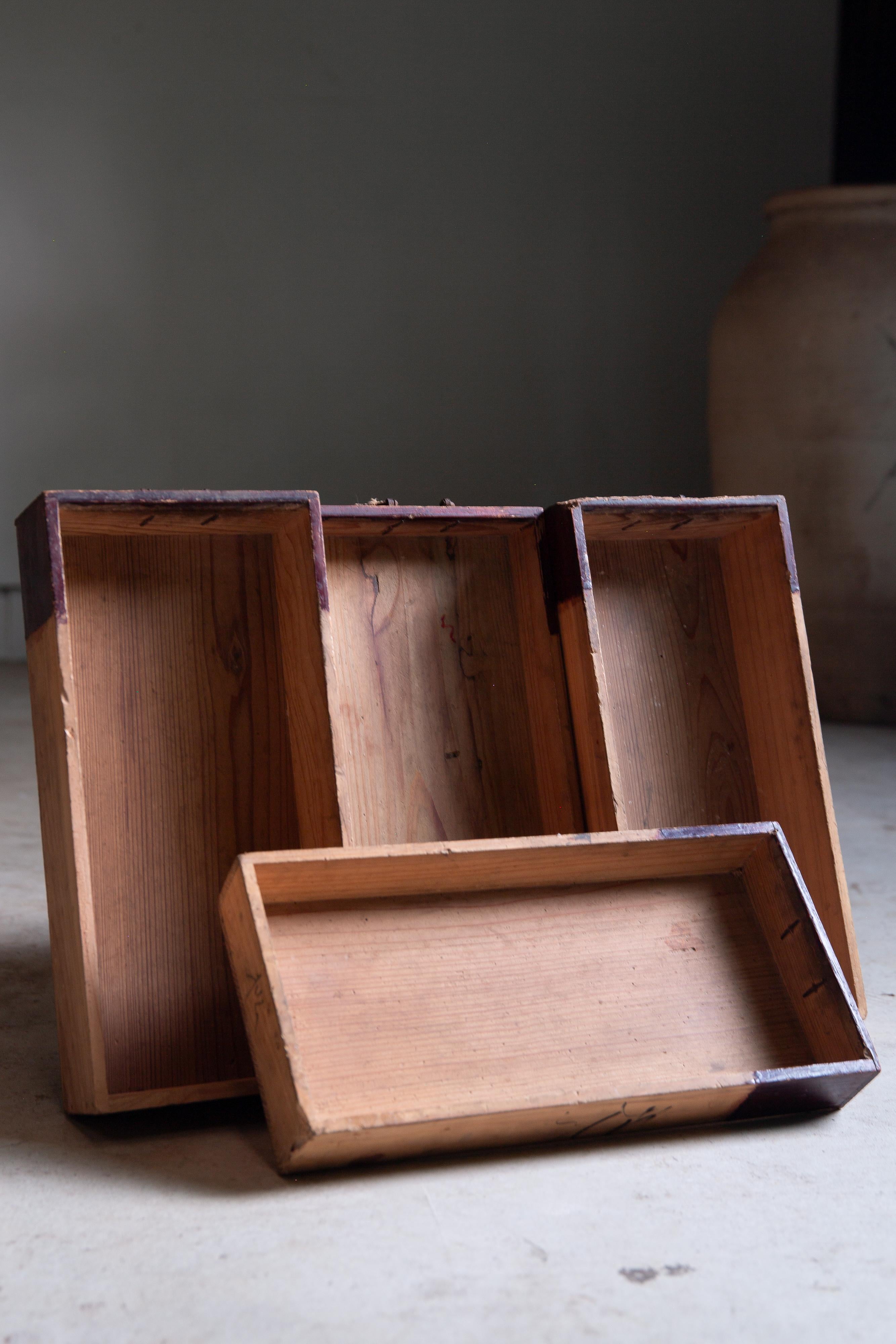 1916 Japanese antique small box chest of drawers w/ Boro ribbon, wabi sabi tansu For Sale 11