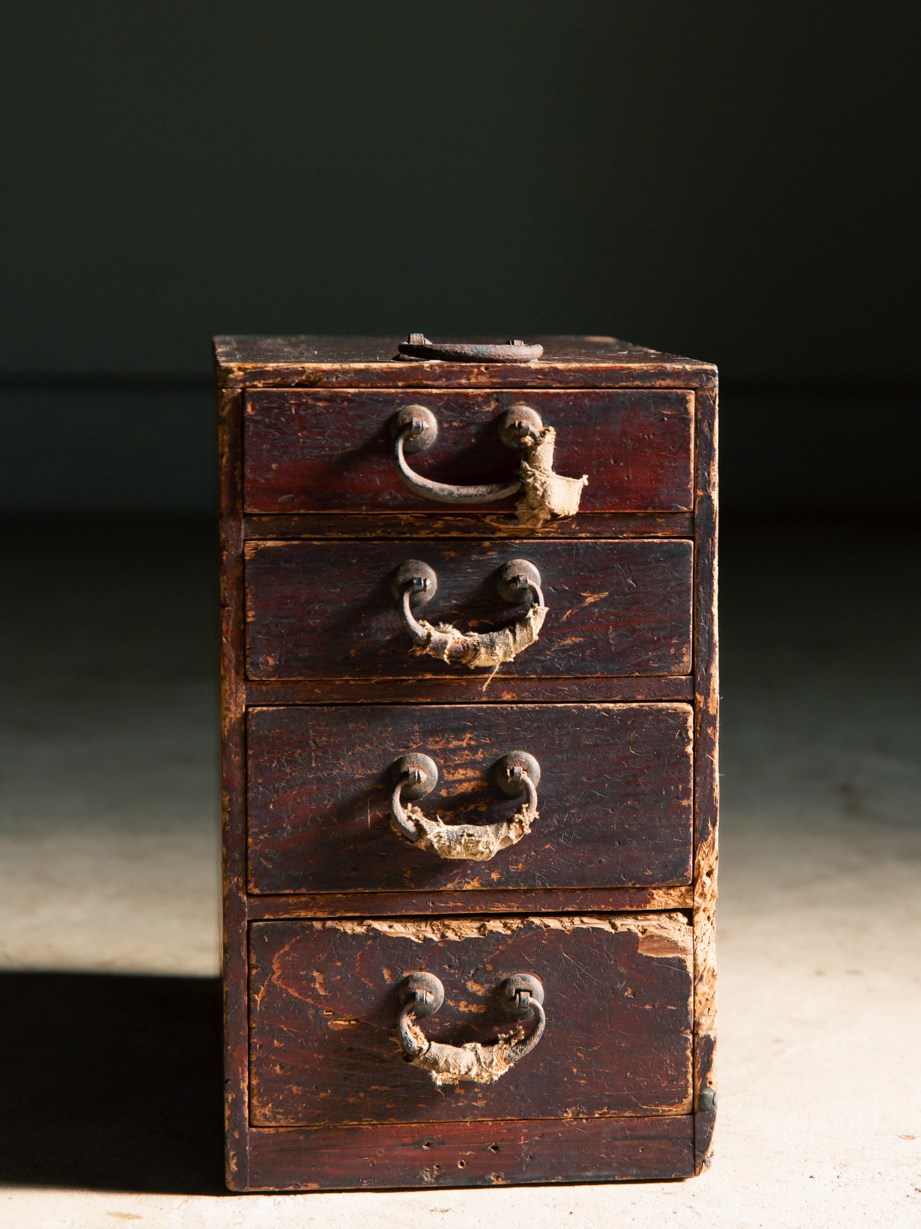 1916 Japanese antique small box chest of drawers w/ Boro ribbon, wabi sabi tansu For Sale 12