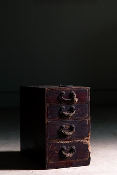 1916 Japanese antique small box chest of drawers w/ Boro ribbon, wabi sabi tansu