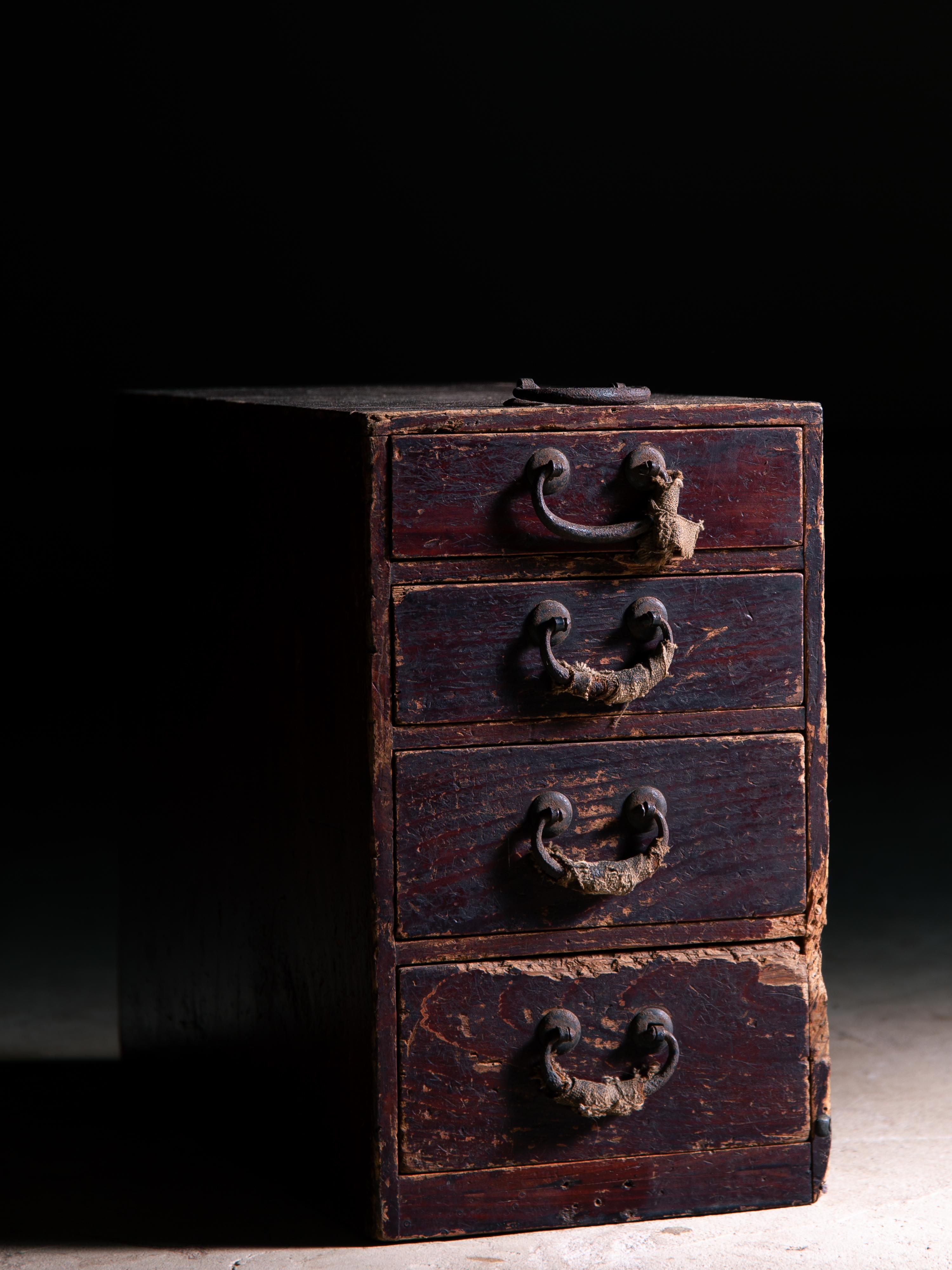 Taisho 1916 Japanese antique small box chest of drawers w/ Boro ribbon, wabi sabi tansu For Sale