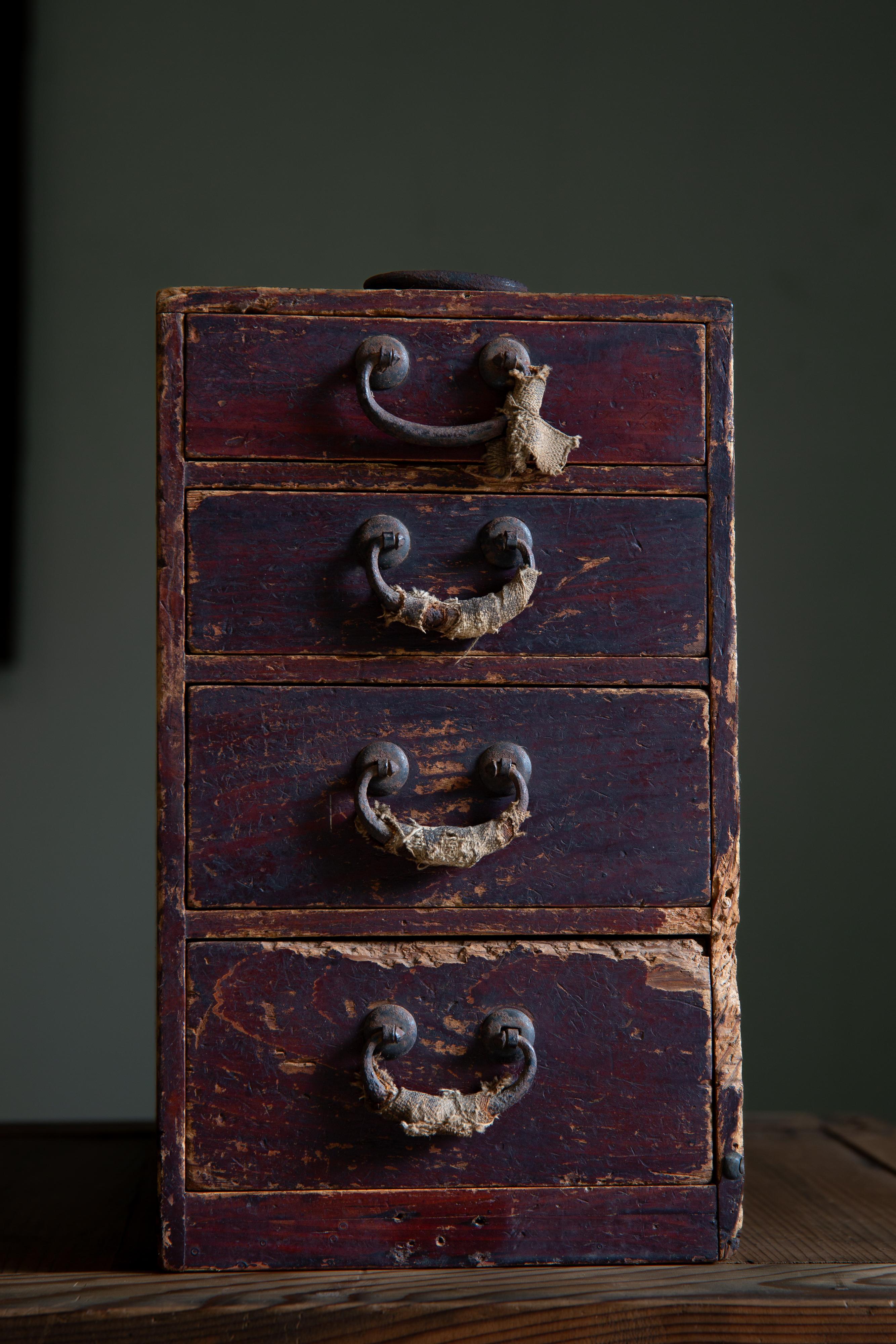 Woodwork 1916 Japanese antique small box chest of drawers w/ Boro ribbon, wabi sabi tansu For Sale