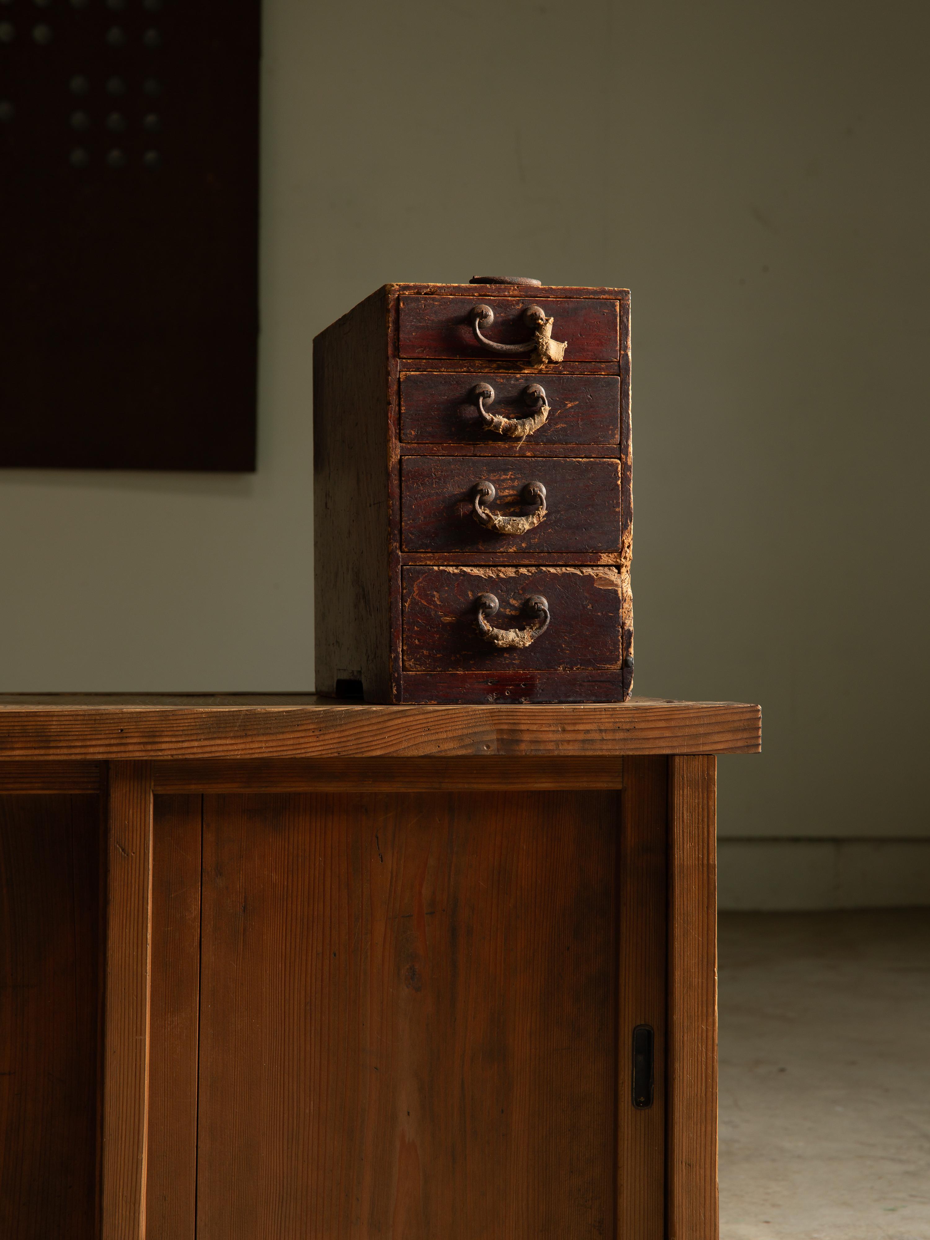 1916 Japanese antique small box chest of drawers w/ Boro ribbon, wabi sabi tansu For Sale 1
