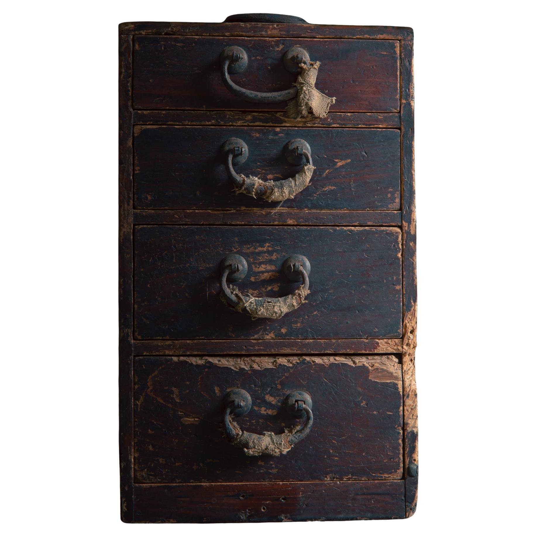 Japanese antique small box chest of drawers, 1916. Taisho wabi sabi urushi tansu