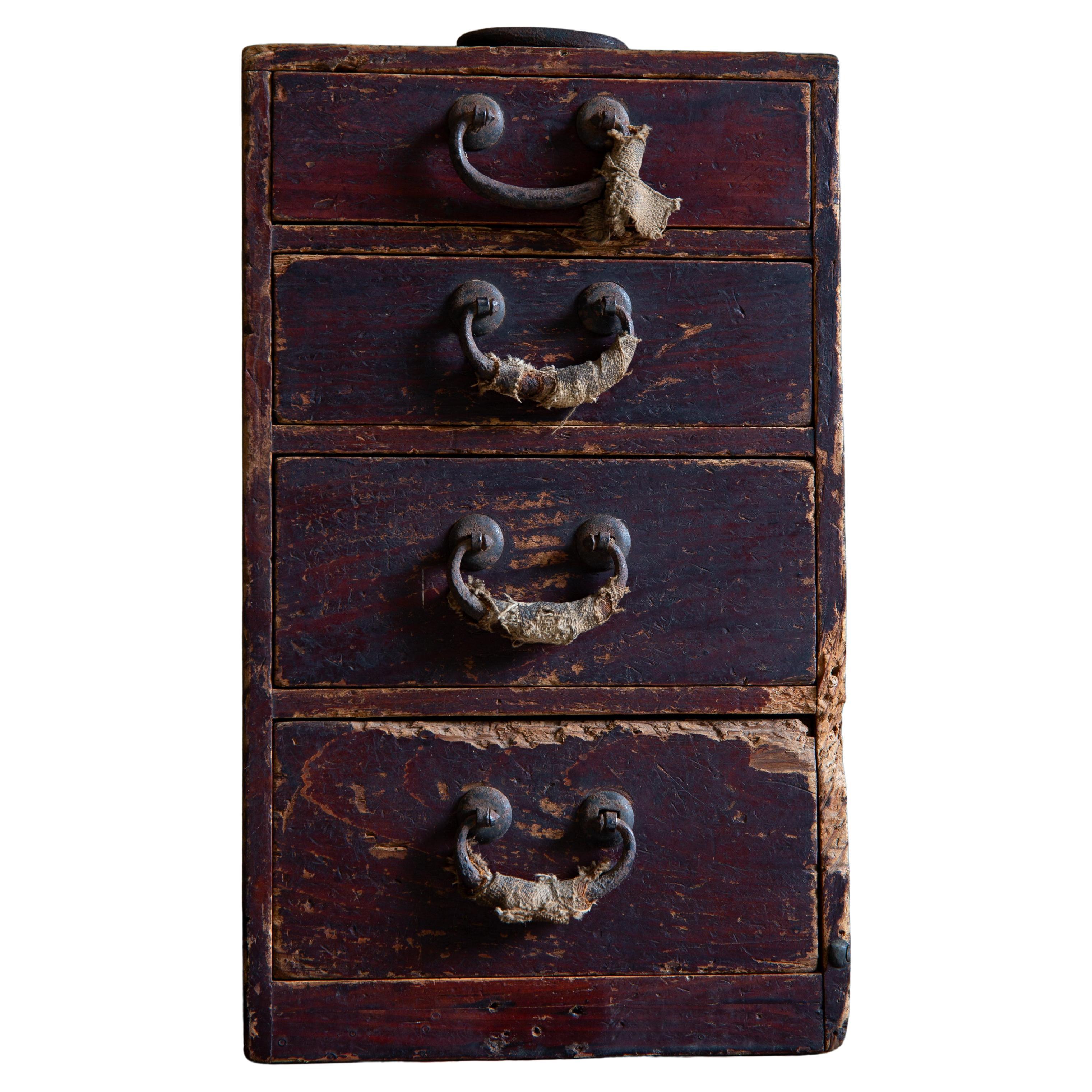 Japanese antique small box chest of drawers, 1916. Taisho wabi sabi urushi tansu