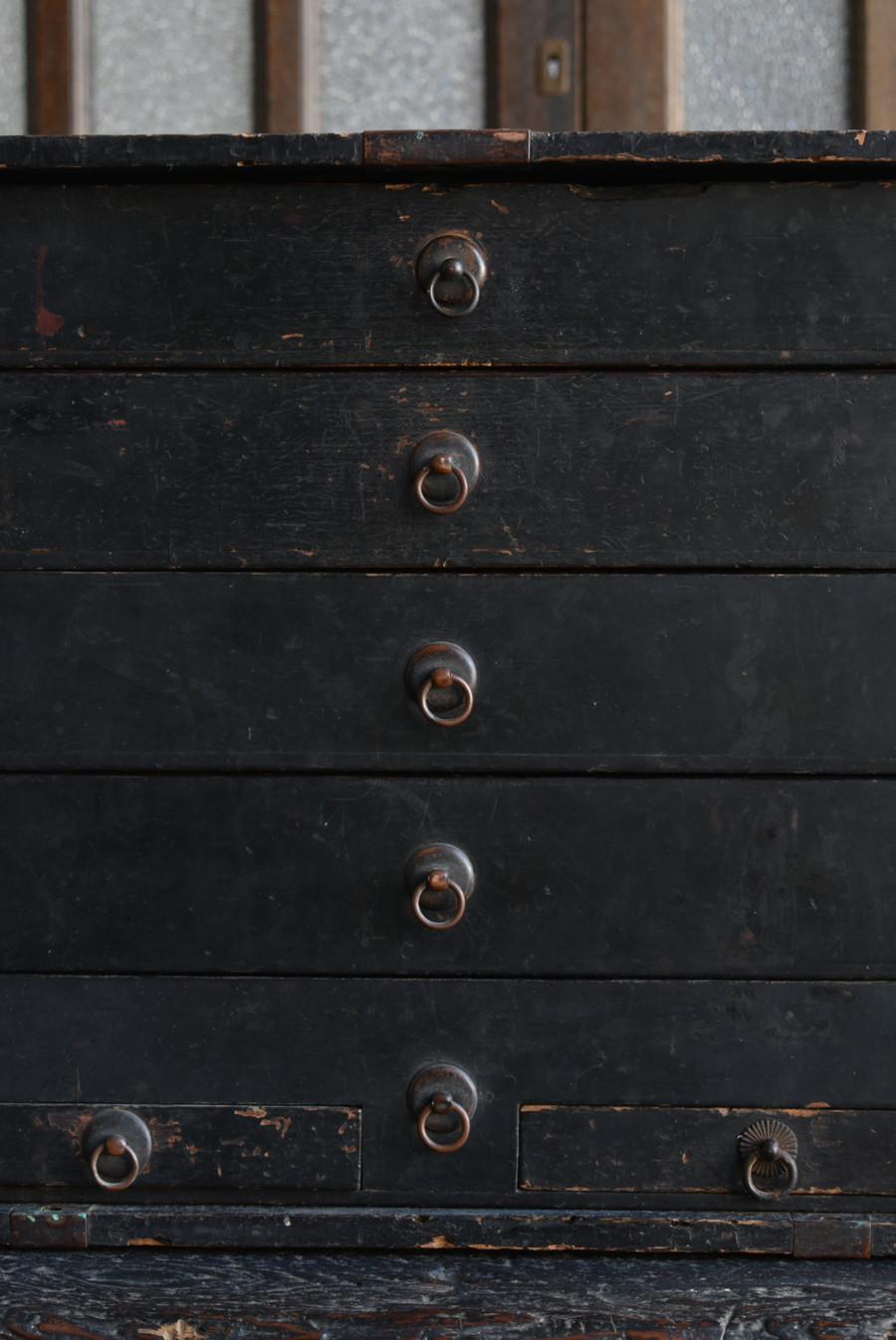 Woodwork Japanese Antique Small Wooden Black Drawer / 1800-1900 / Tansu Cabinet Storage