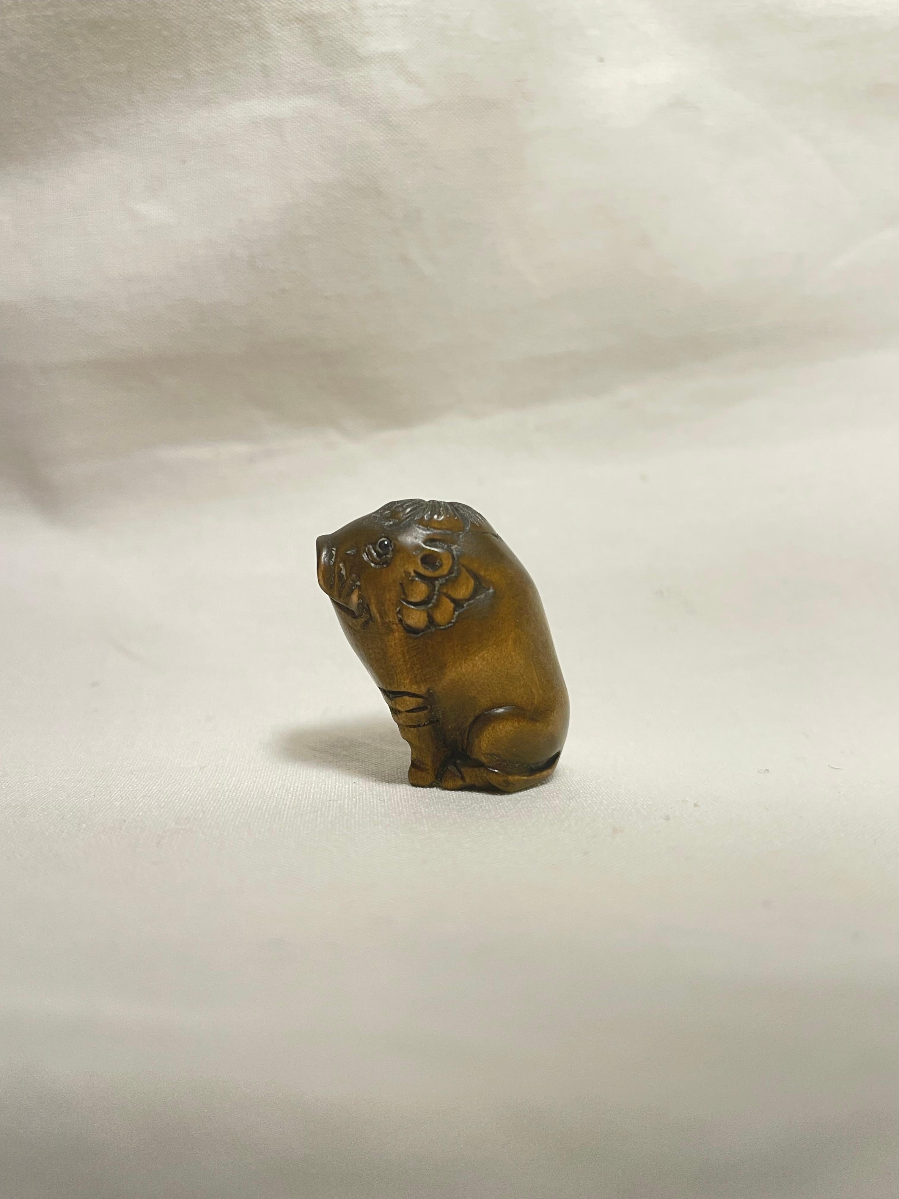 Hand-Carved Japanese Antique Small Wooden Netsuke 'Sitting wild boar' 1960s For Sale