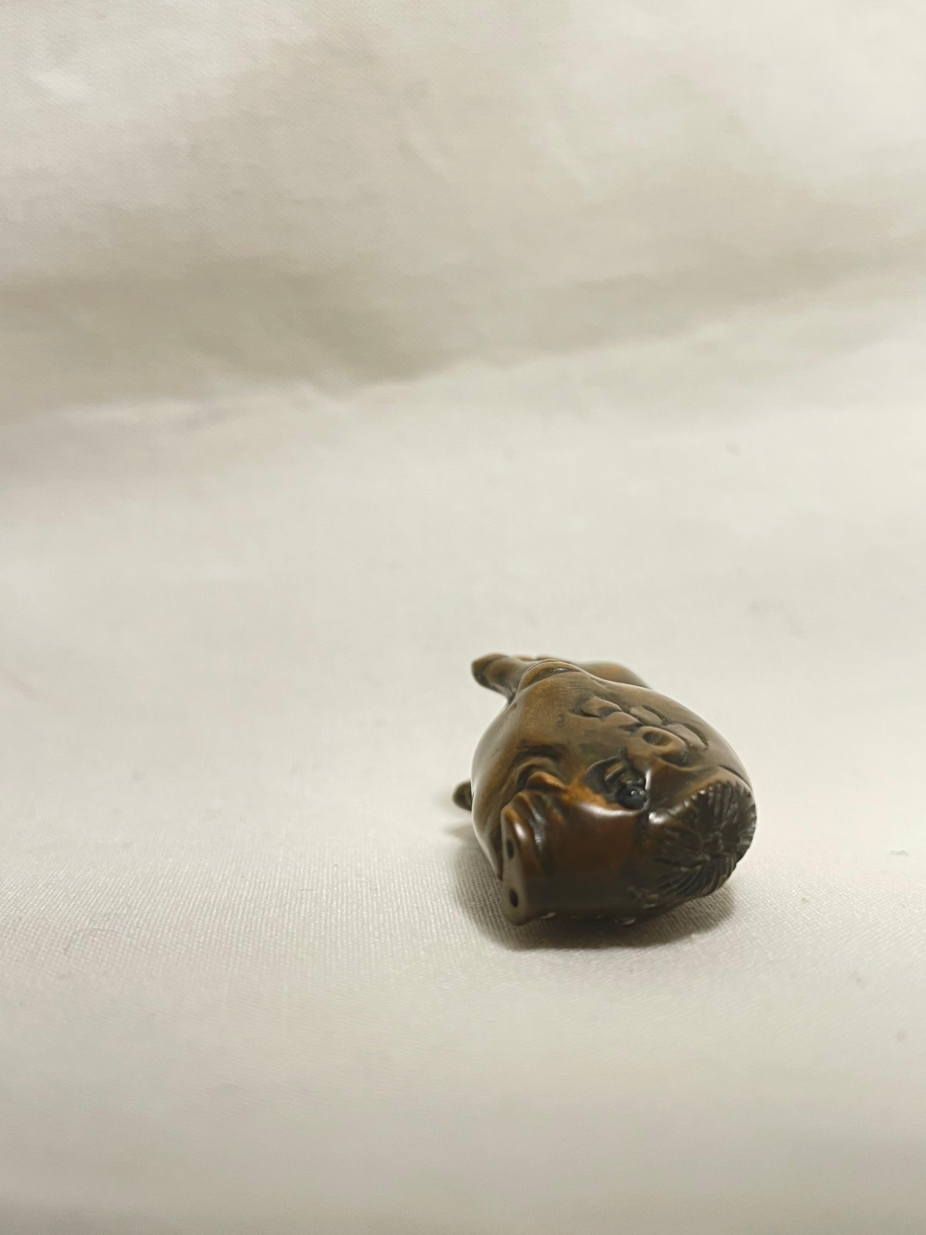 20th Century Japanese Antique Small Wooden Netsuke 'Sitting wild boar' 1960s For Sale