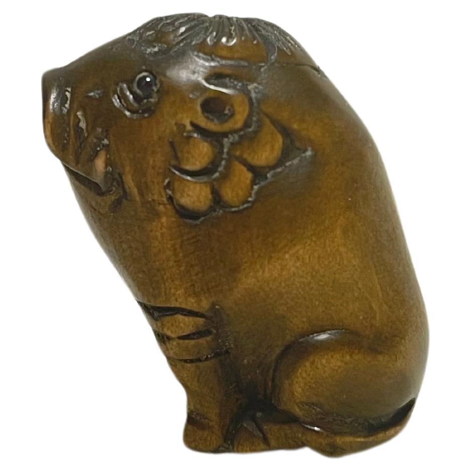 Japanese Antique Small Wooden Netsuke 'Sitting wild boar' 1960s For Sale