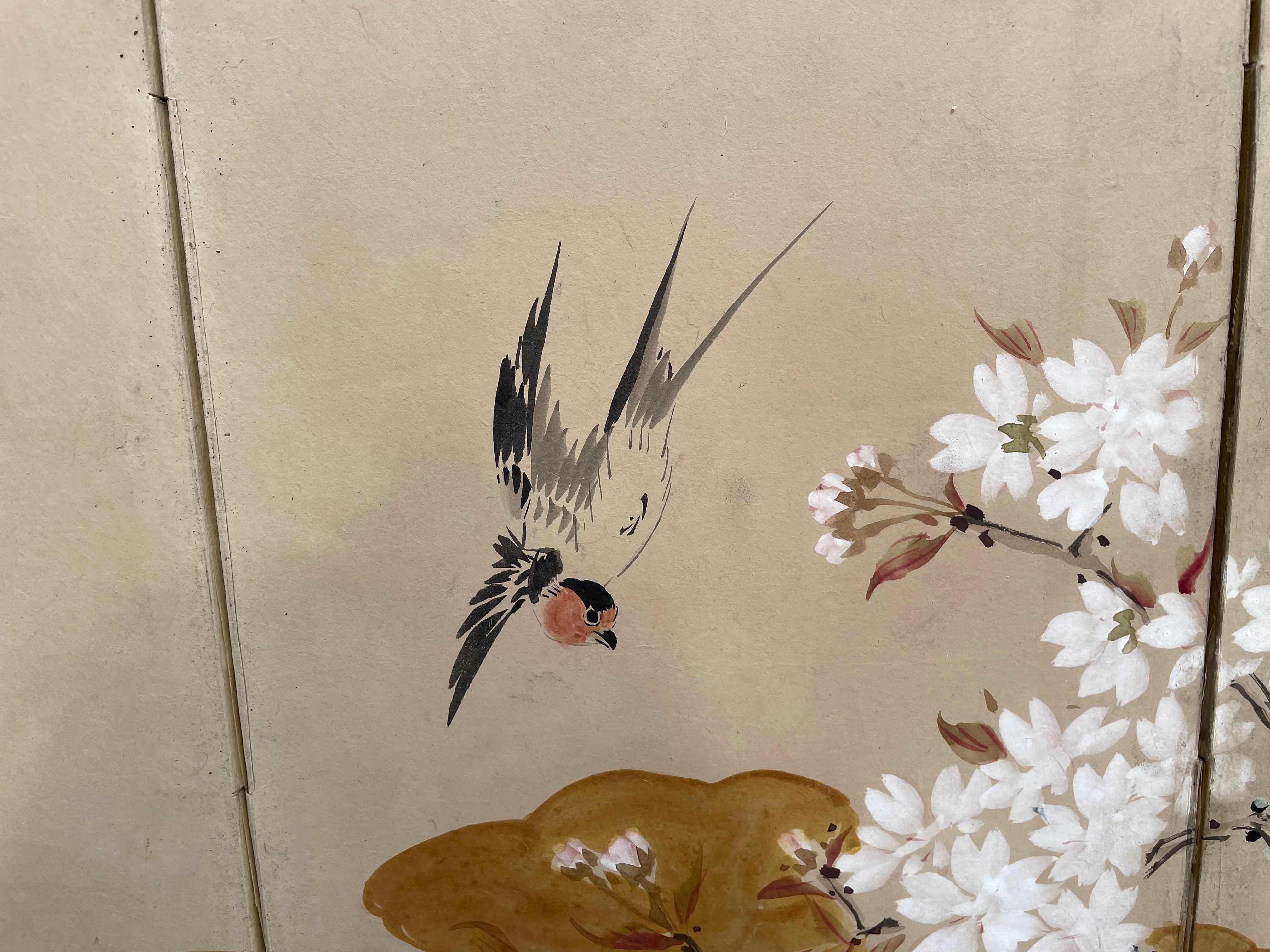 19th Century Japanese Antique Song Birds, Blossoms, Blue River Hand Painted Small Screen