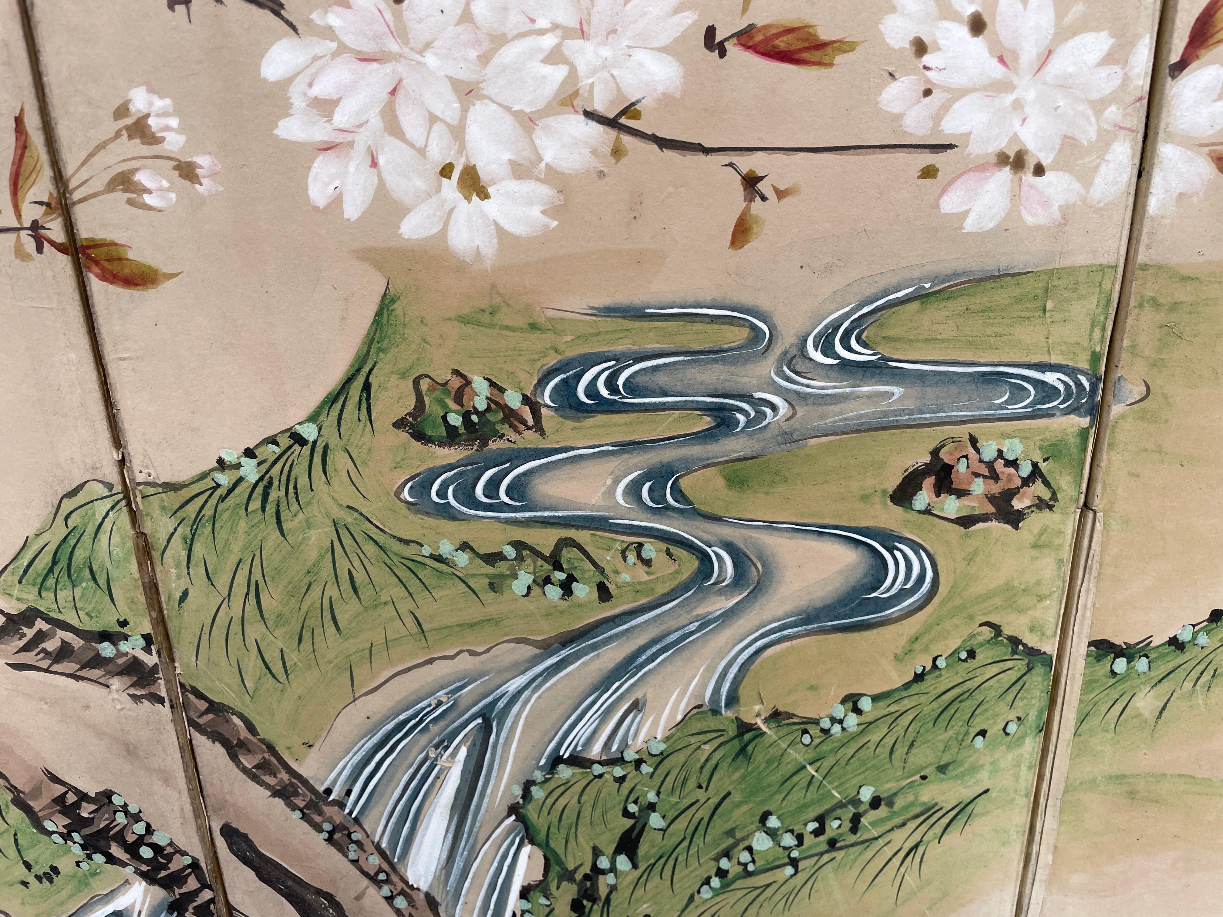 Japanese Antique Song Birds, Blossoms, Blue River Hand Painted Small Screen 1