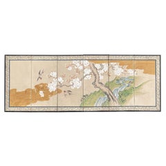 Japanese Antique Song Birds, Blossoms, Blue River Hand Painted Small Screen