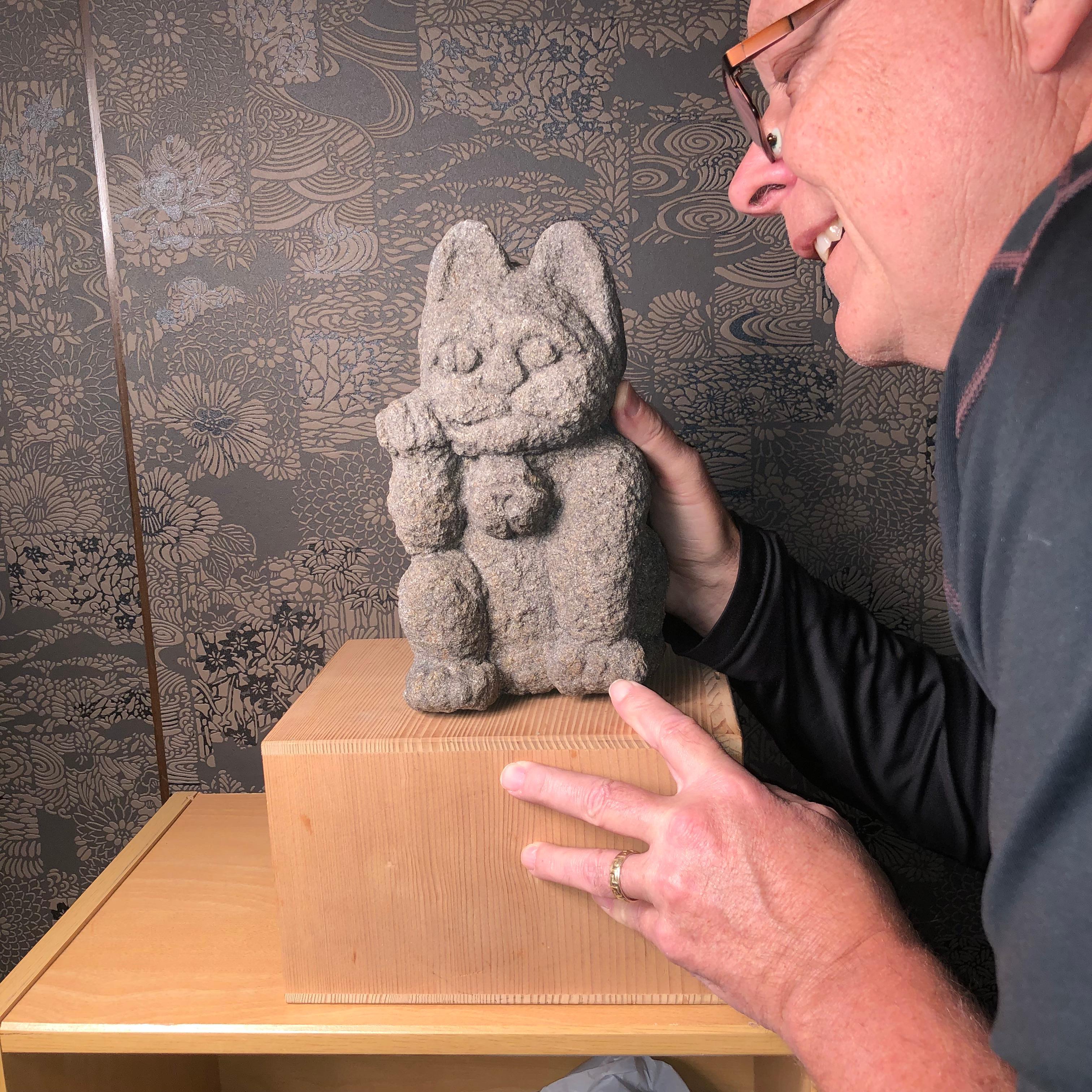 From our recent Japanese Kyoto Acquisitions

Japan a rare large-scale and hand carved stone Maneki Neko good fortune money cat.

It dates to the late Meiji period (1868-1911).

Dimensions: 9 inches tall and 6 inches wide.

This comes from a