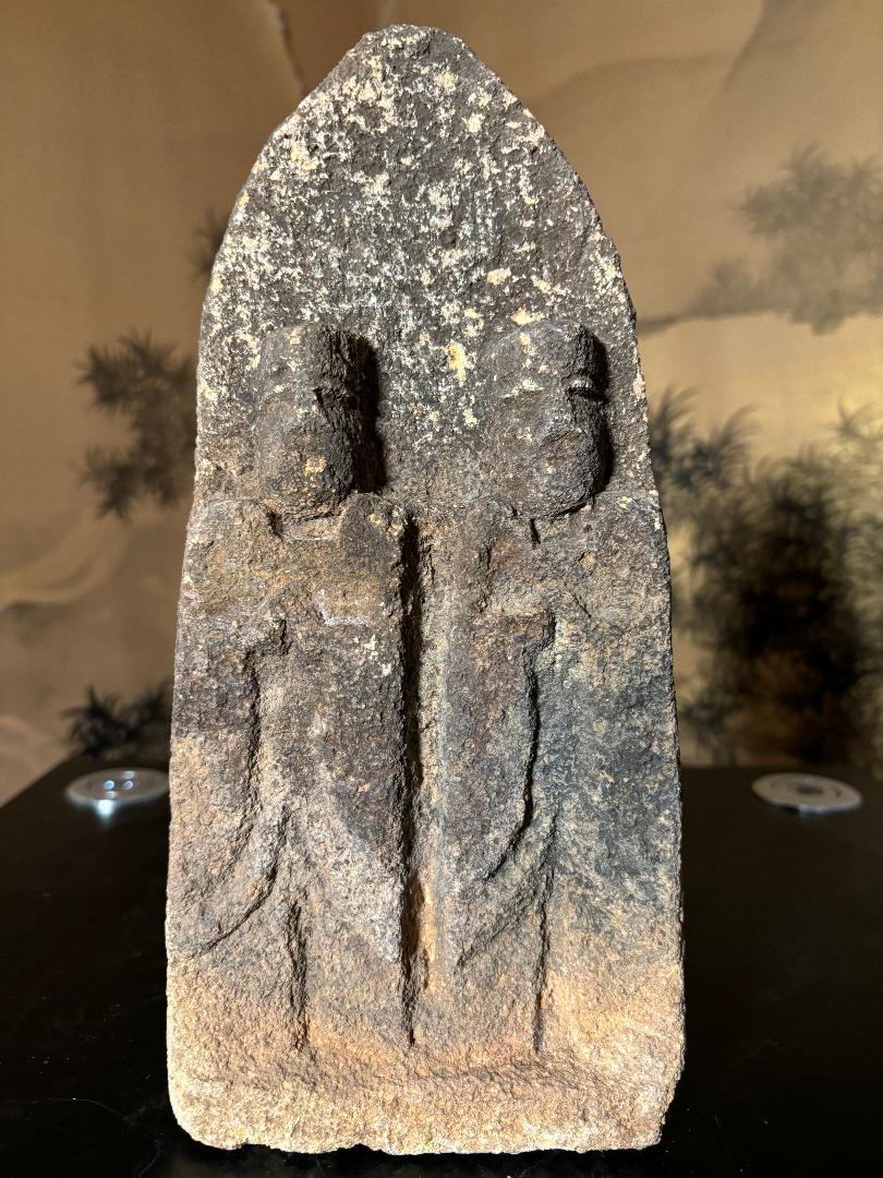 Edo Japanese Antique Stone Double Protector Figure Jizo Buddha