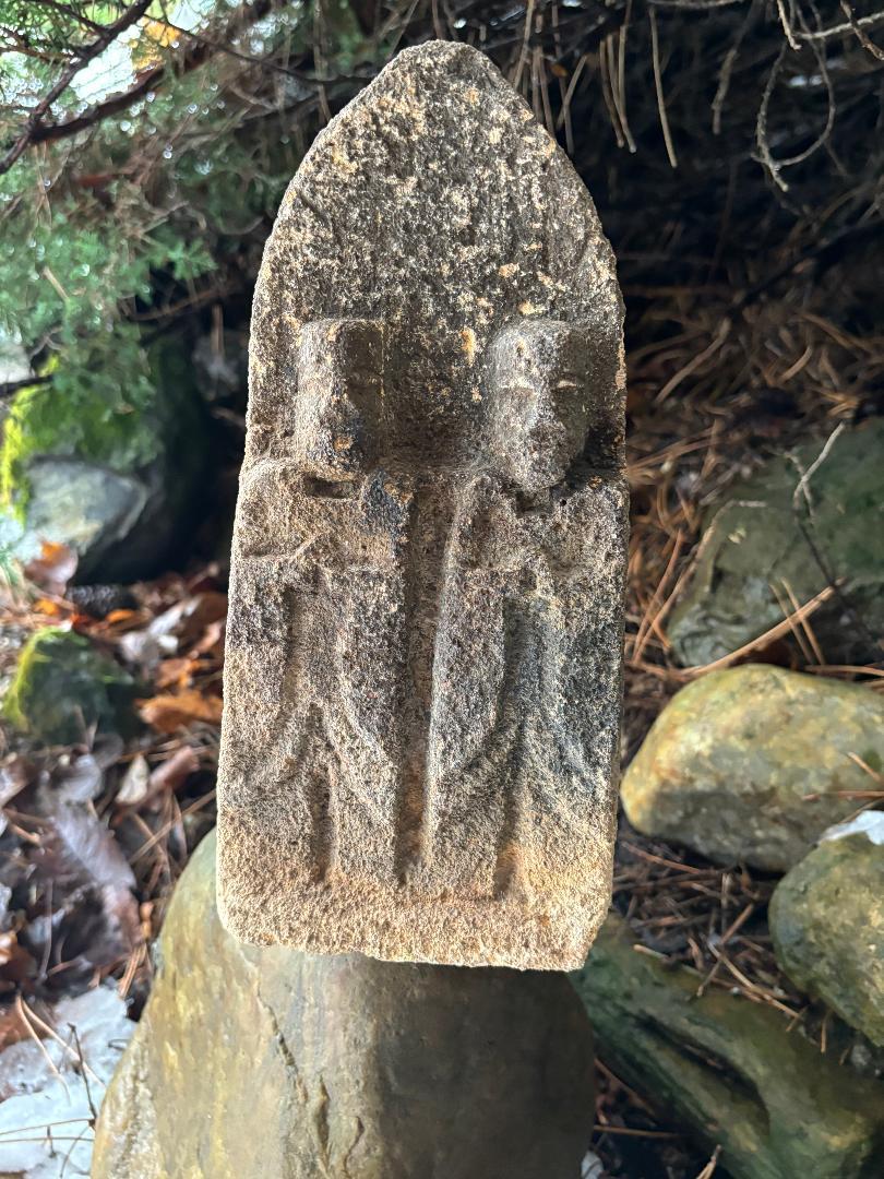 Hand-Carved Japanese Antique Stone Double Protector Figure Jizo Buddha