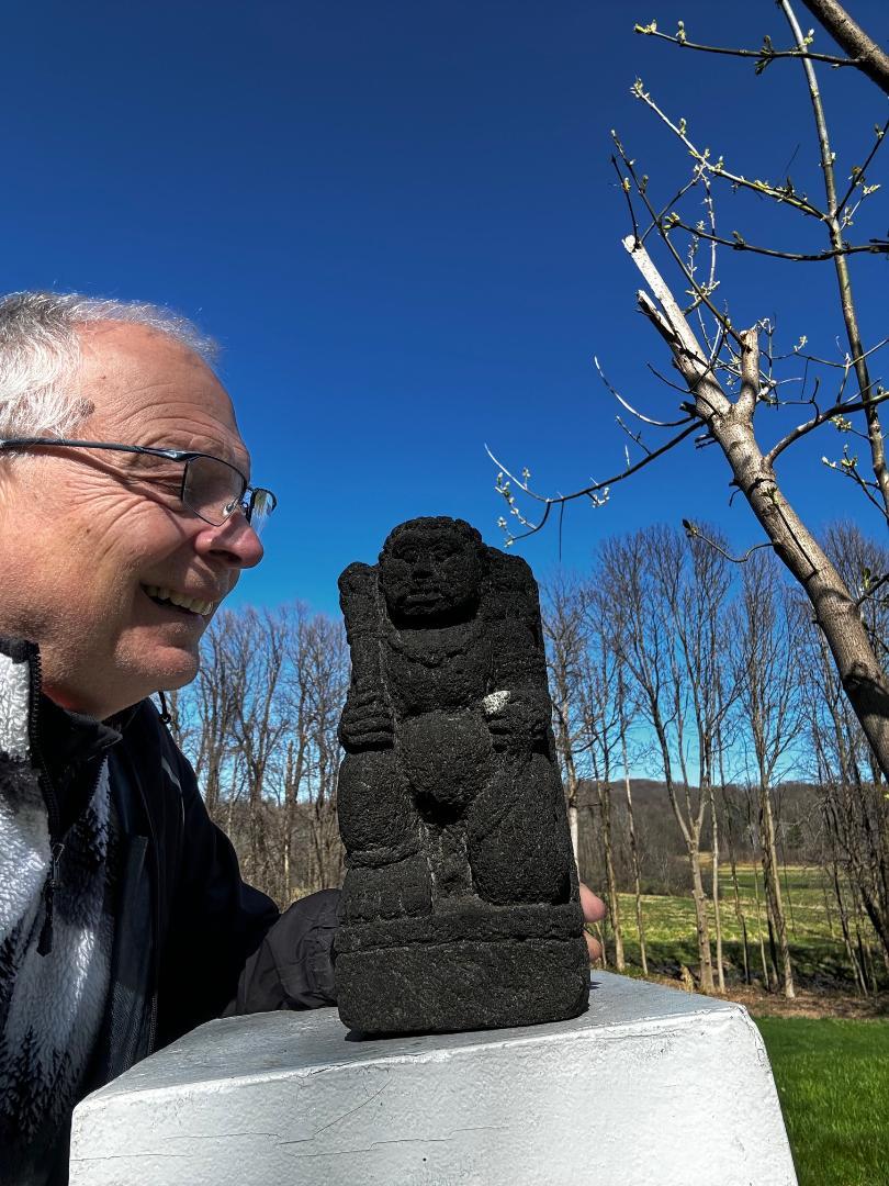 An excellent garden or indoor sculptural choice.

An old circa early 20th century Japanese stone Buddha of Fudo Myoo.
A charming stone Buddha with a solemn but cheerful face that possesses folk-art elements of a roadside deity, in contrast to the