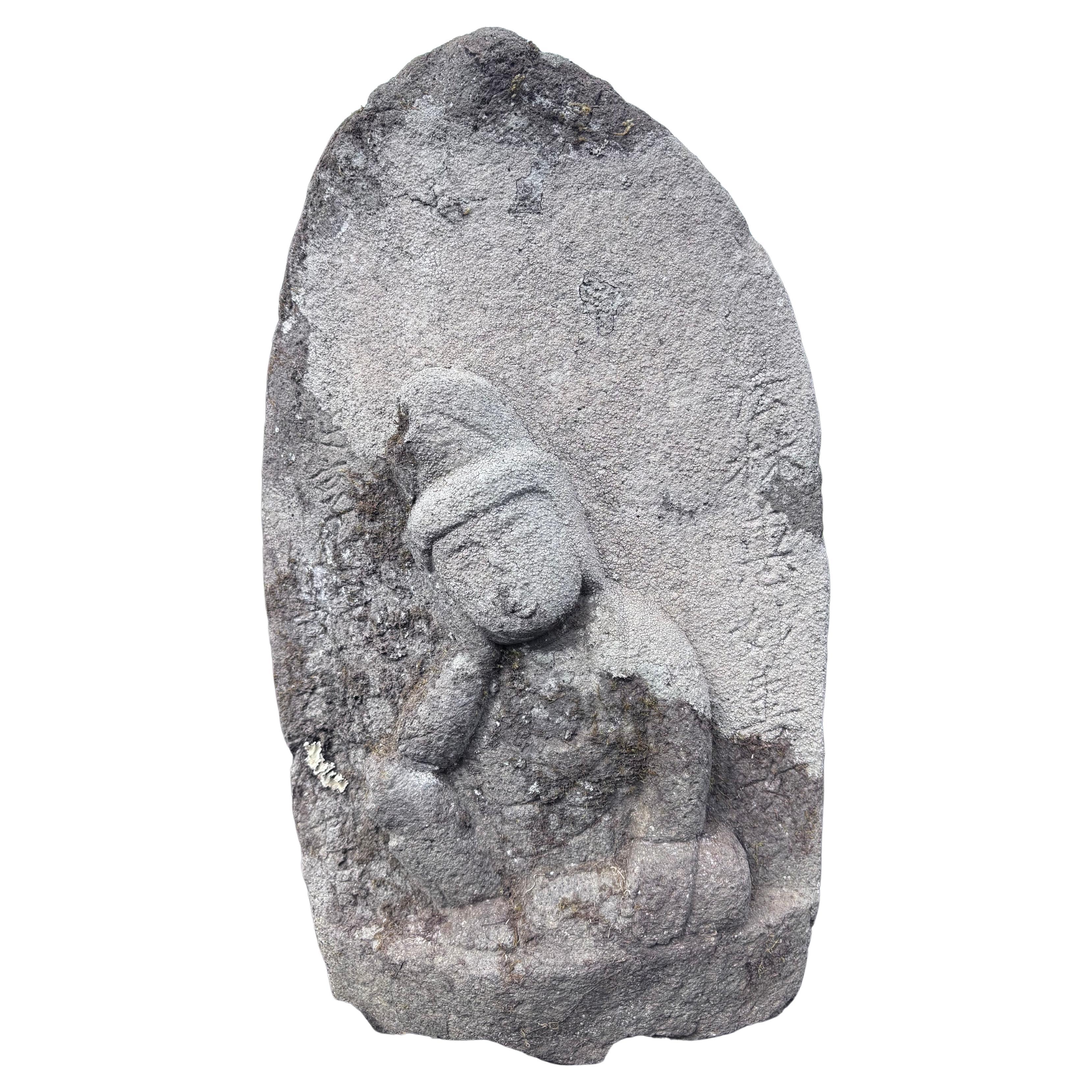 Japanese Antique Stone Garden Kanon Guan Yin in Royal Ease 19thc.