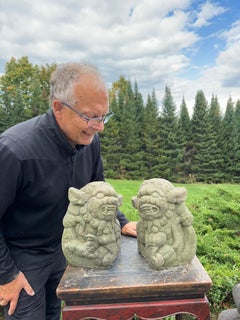 Japanese Antique Stone Guardians "Komainu" Hand carved Pair