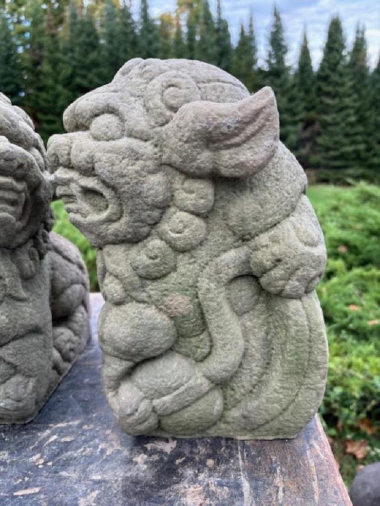 Paar japanische antike Guardians aus Stein, „Komainu“, handgeschnitzt  im Zustand „Gut“ in South Burlington, VT