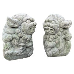 Japanese Antique Stone Guardians "Komainu" Hand carved Pair 