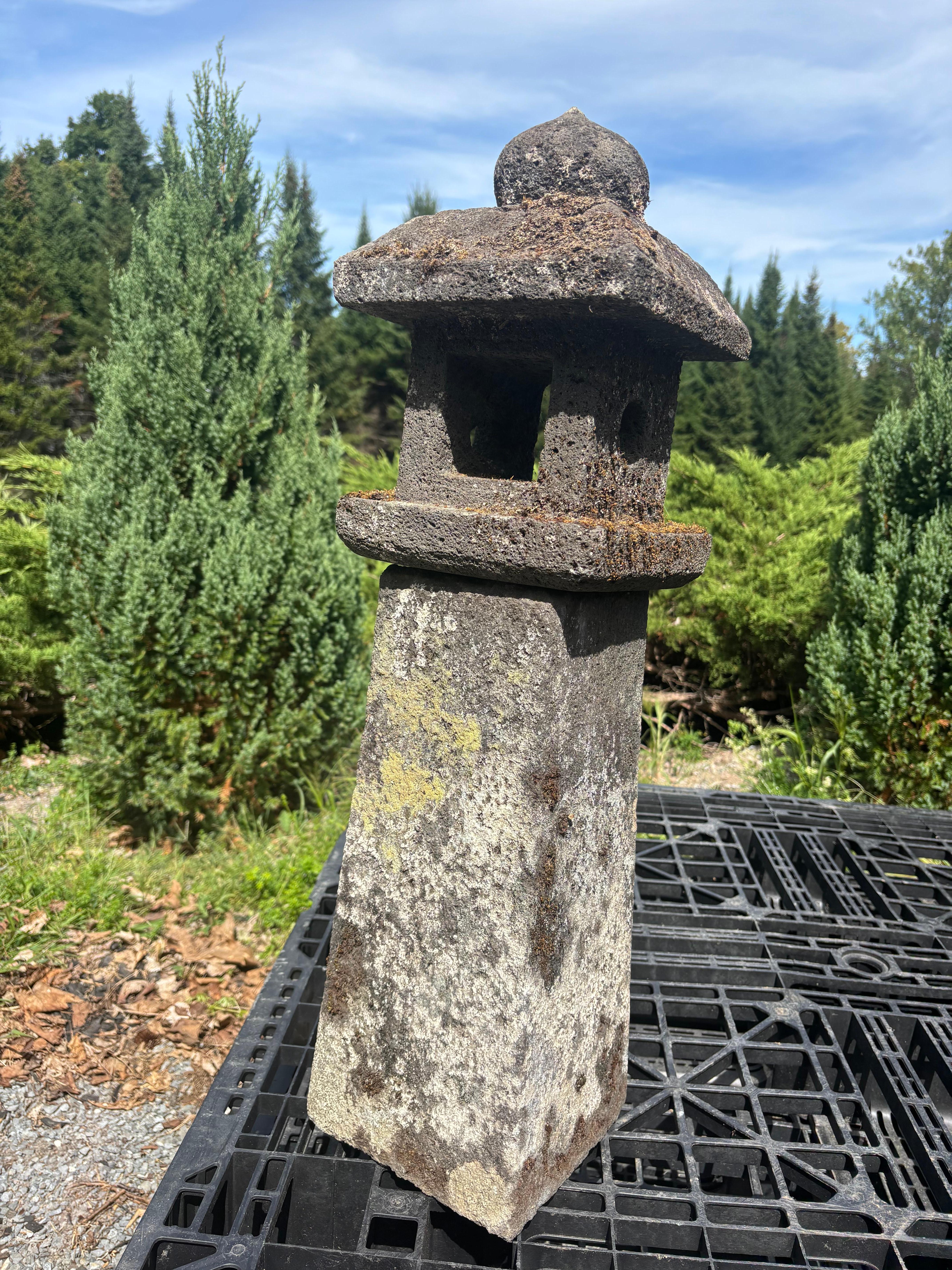 Taisho Japanese  Antique Stone Sun And Moon Pathway Lantern Beautiful Details 30 Inches For Sale