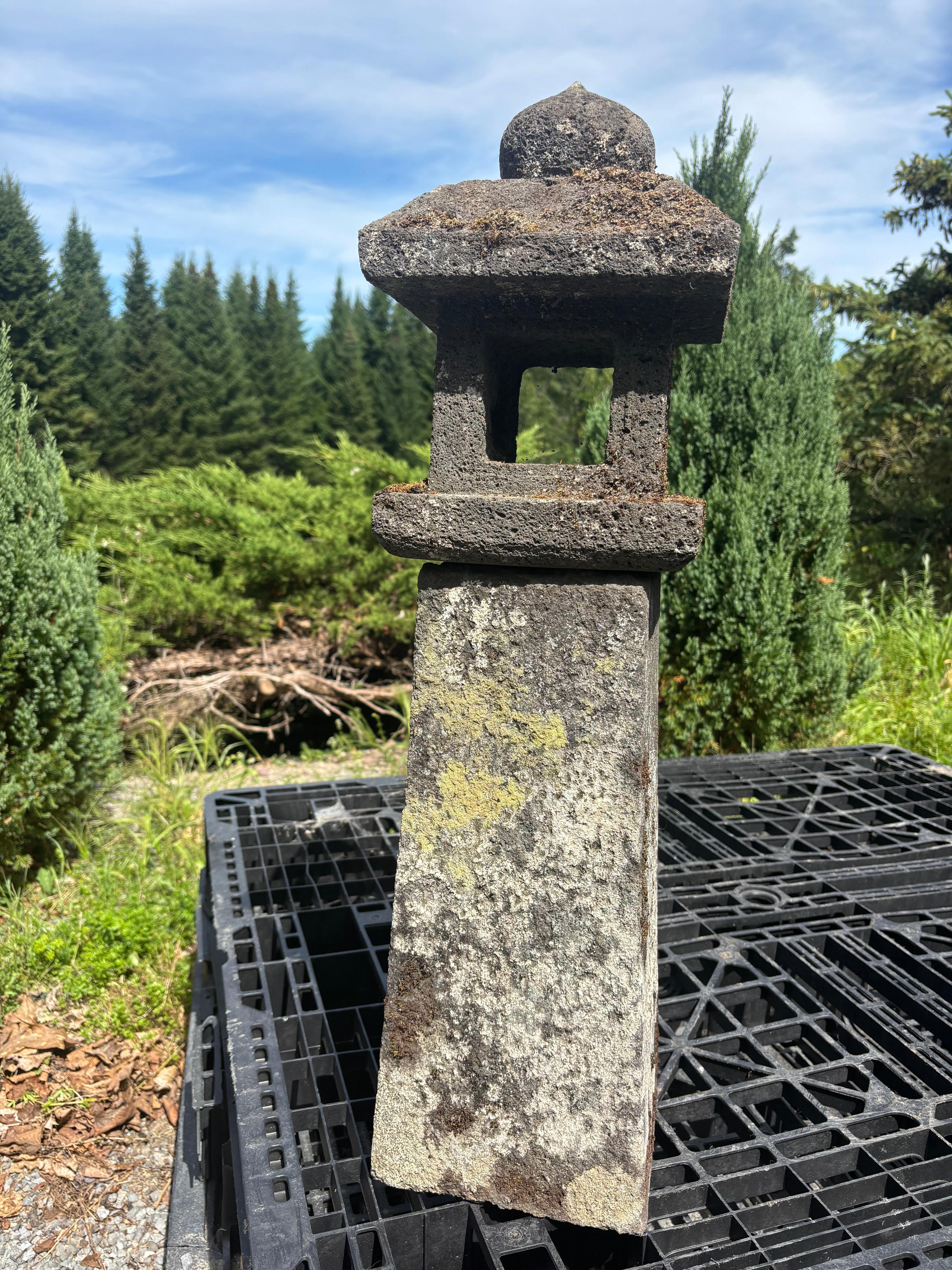 Hand-Carved Japanese  Antique Stone Sun And Moon Pathway Lantern Beautiful Details 30 Inches For Sale