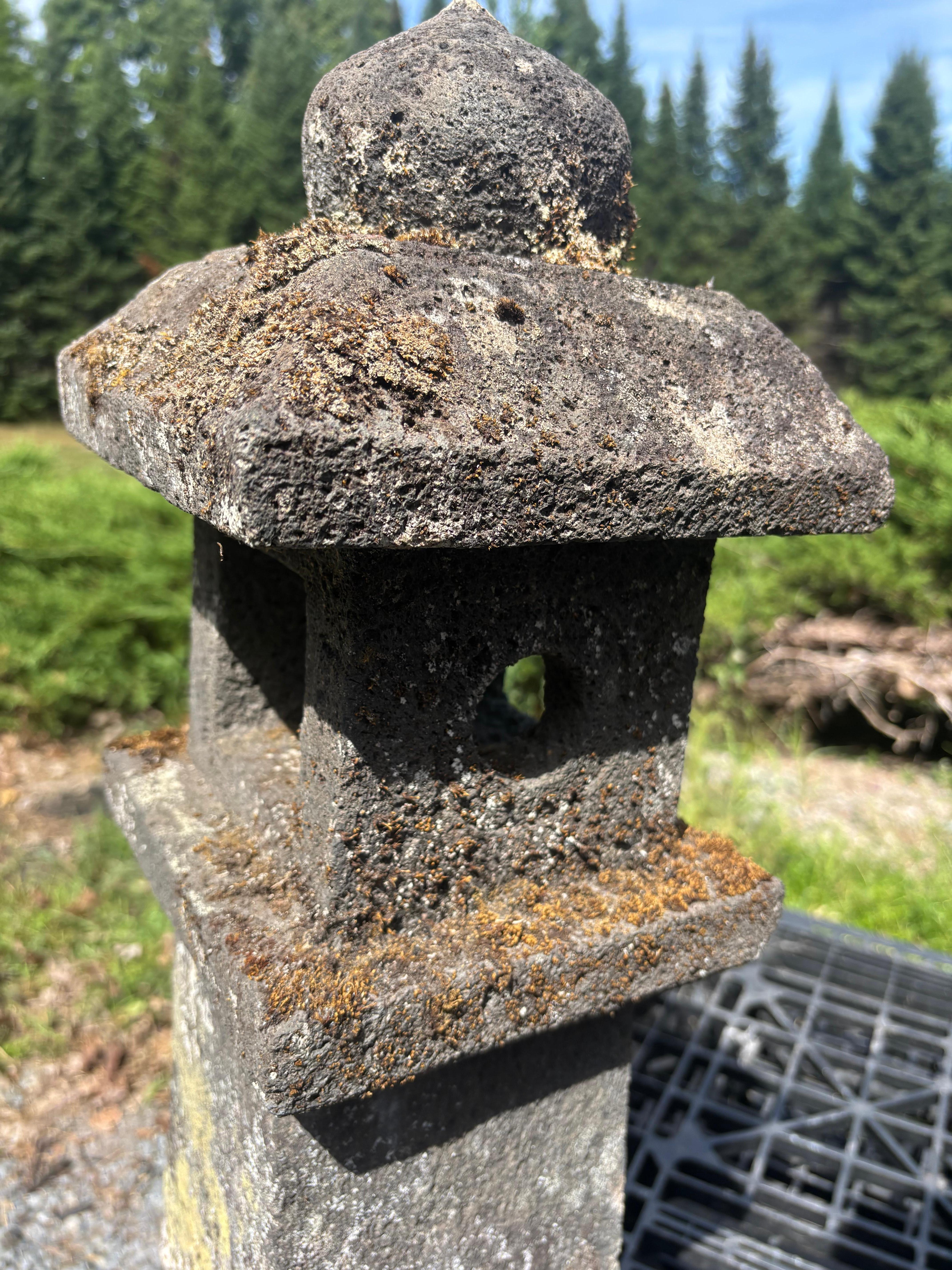 Japanese  Antique Stone Sun And Moon Pathway Lantern Beautiful Details 30 Inches For Sale 1