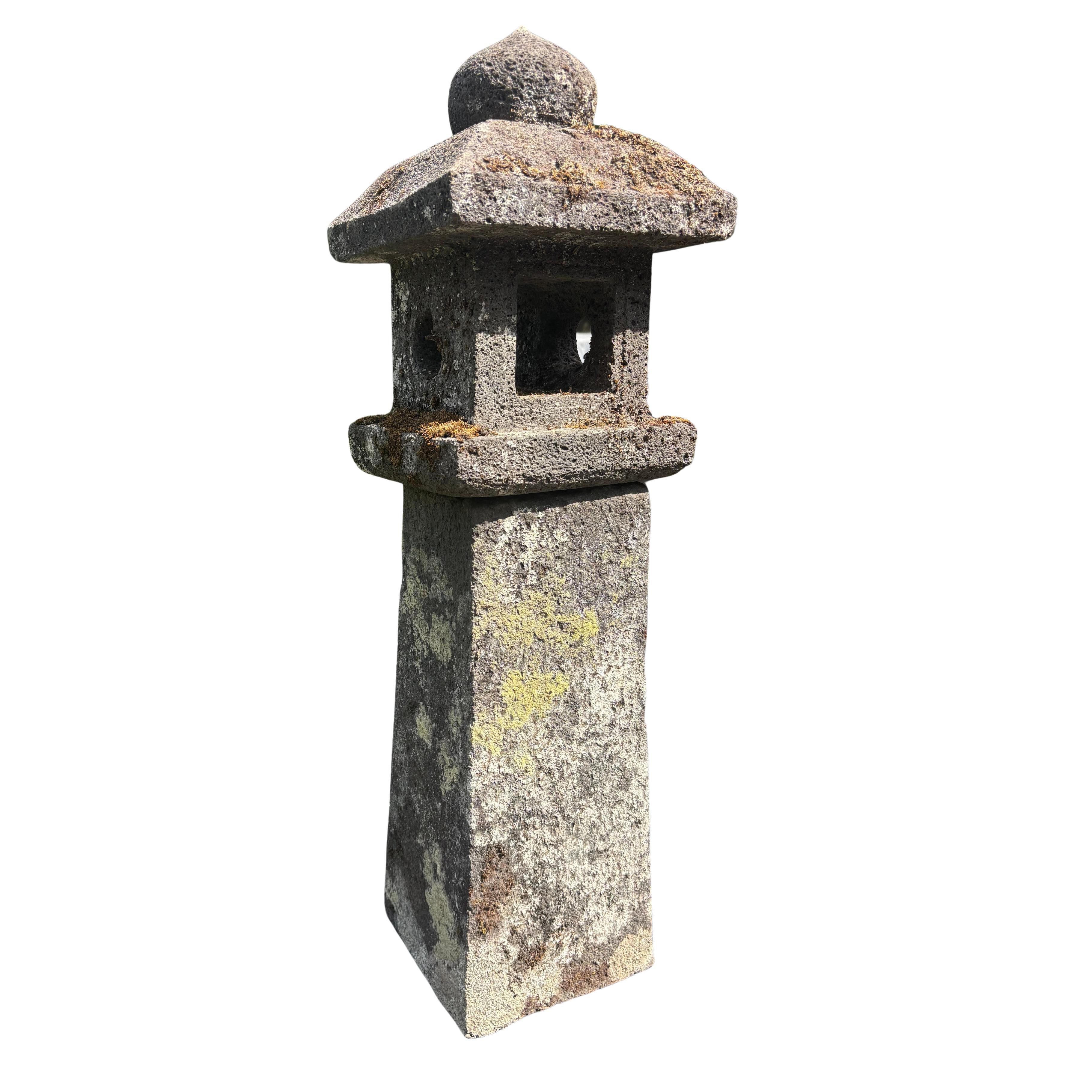 Japanese  Antique Stone Sun And Moon Pathway Lantern Beautiful Details 30 Inches