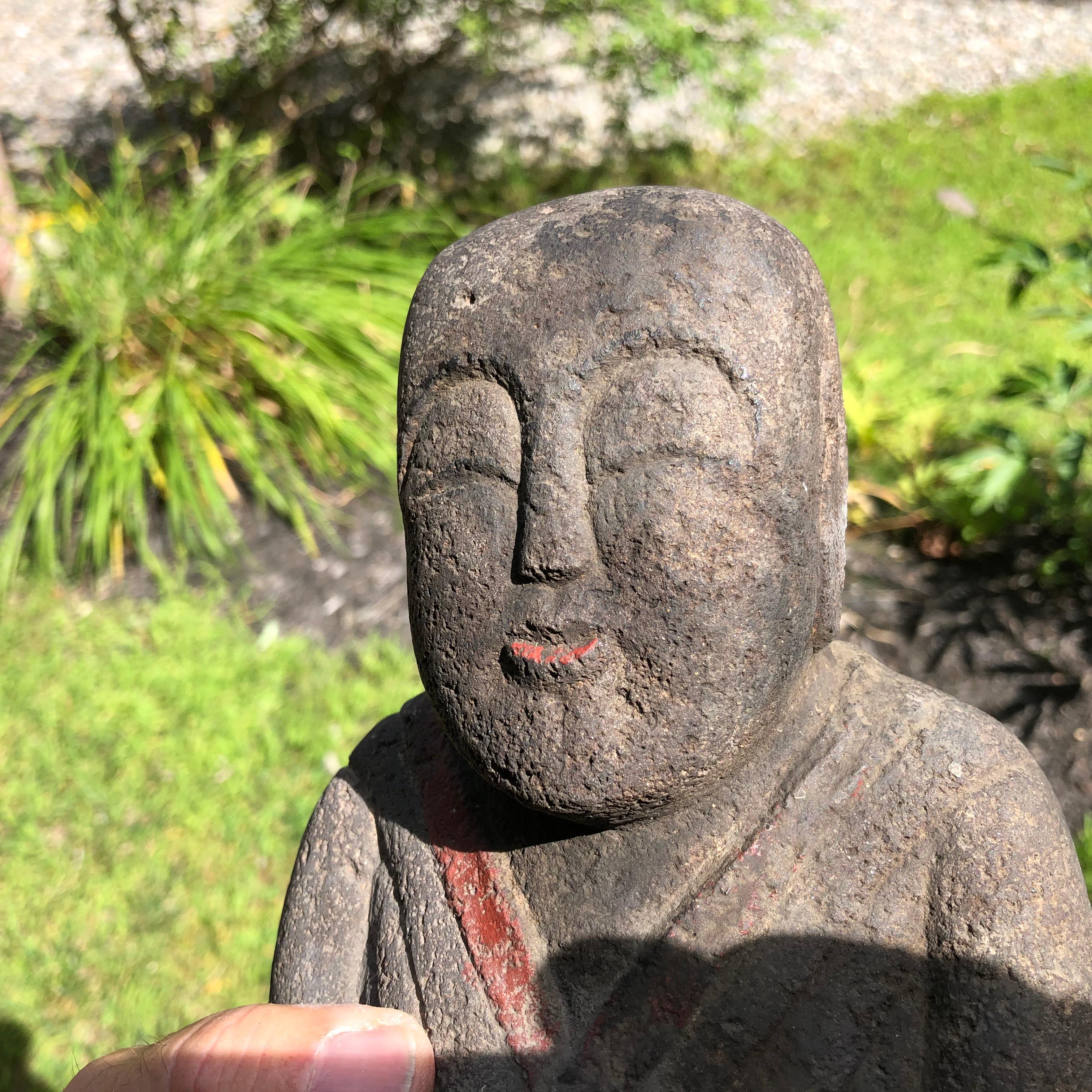 Japanese Antique Stone Sweet Buddha Hand Carved Hand Painted Serene Face 5