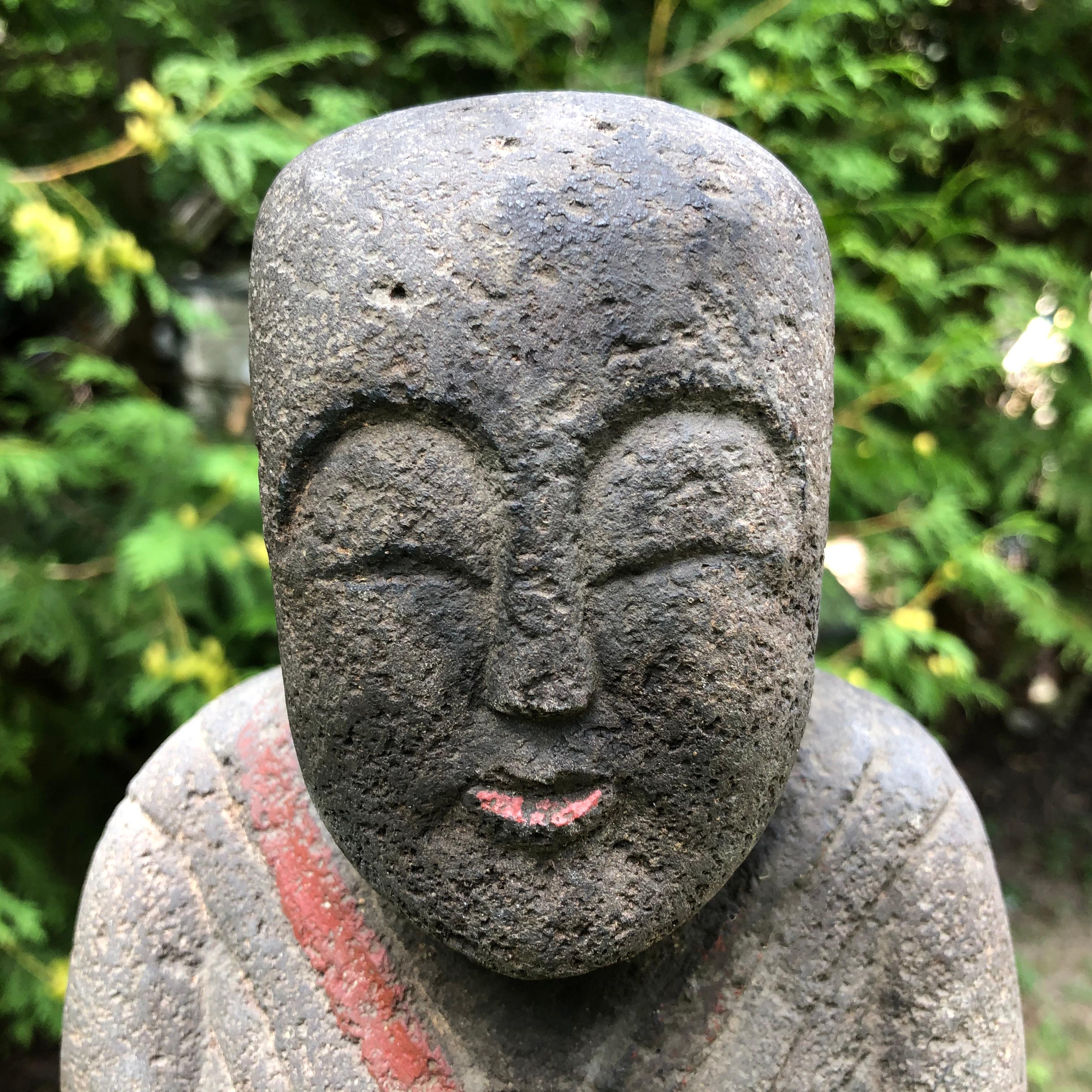 Taisho Japanese Antique Stone Sweet Buddha Hand Carved Hand Painted Serene Face