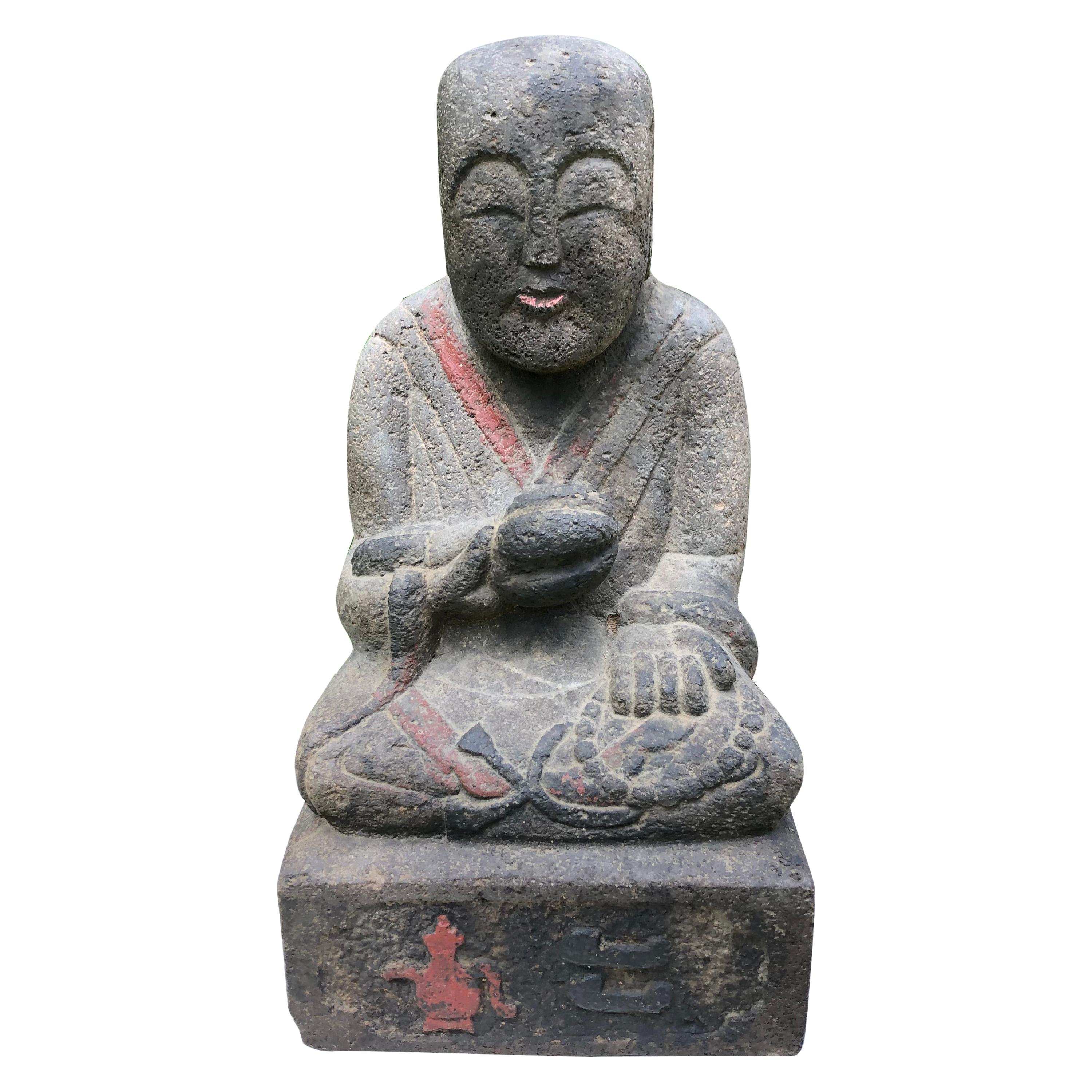 Japanese Antique Stone Sweet Buddha Hand Carved Hand Painted Serene Face