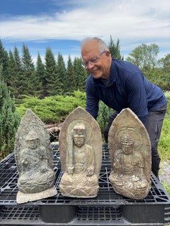 Japanese Antique Stone Trio Buddhas With Kanon Guan Yin