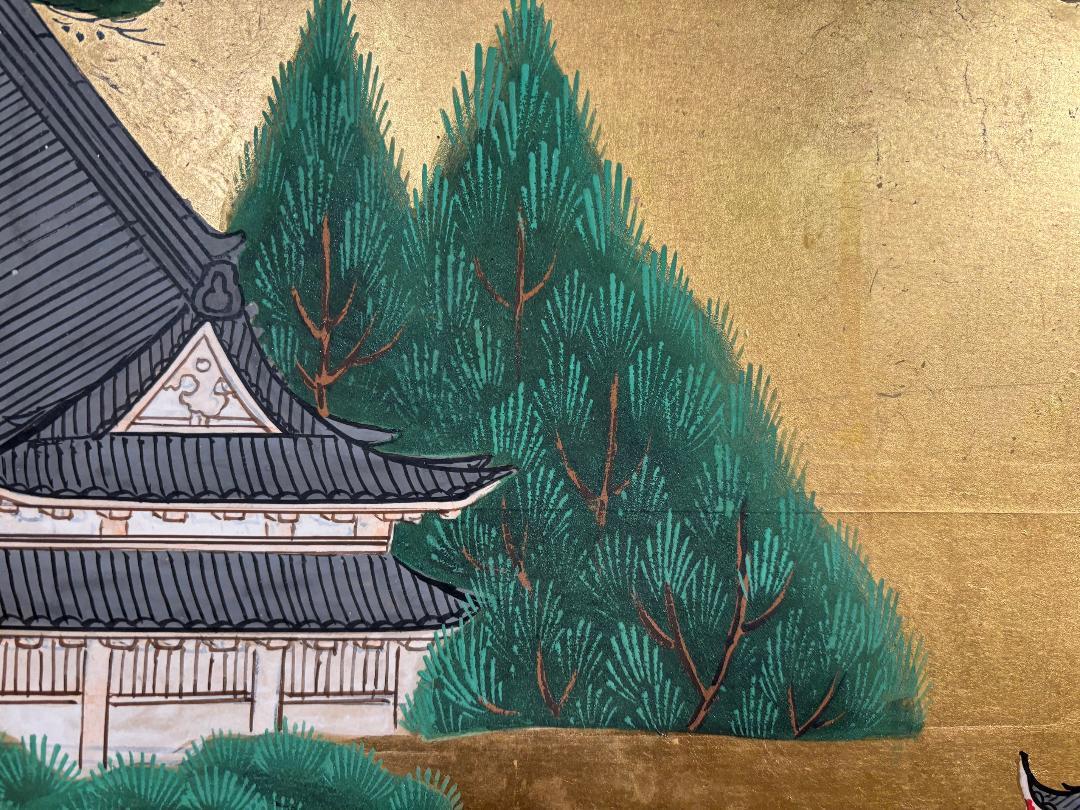 Japanese Antique Stunning Hand Painted Green Gardens, Pagodas,  Lanterns Screen 7