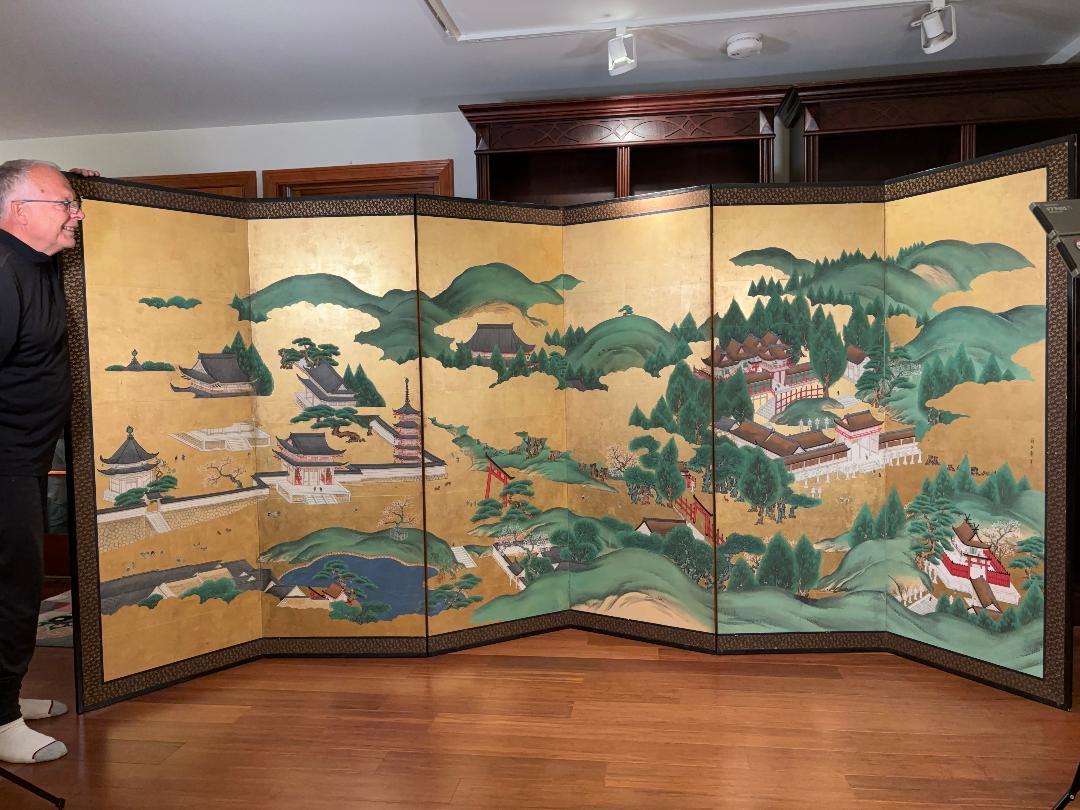From our recent Japanese Acquisitions

One of a pair currently available 

Japanese Antique Stunning Hand Painted Green and Gold Gardens, Pagodas Temples, And Lanterns Six Panel Screen, Byobu

Fashioned by hand in stunning original brilliant colors