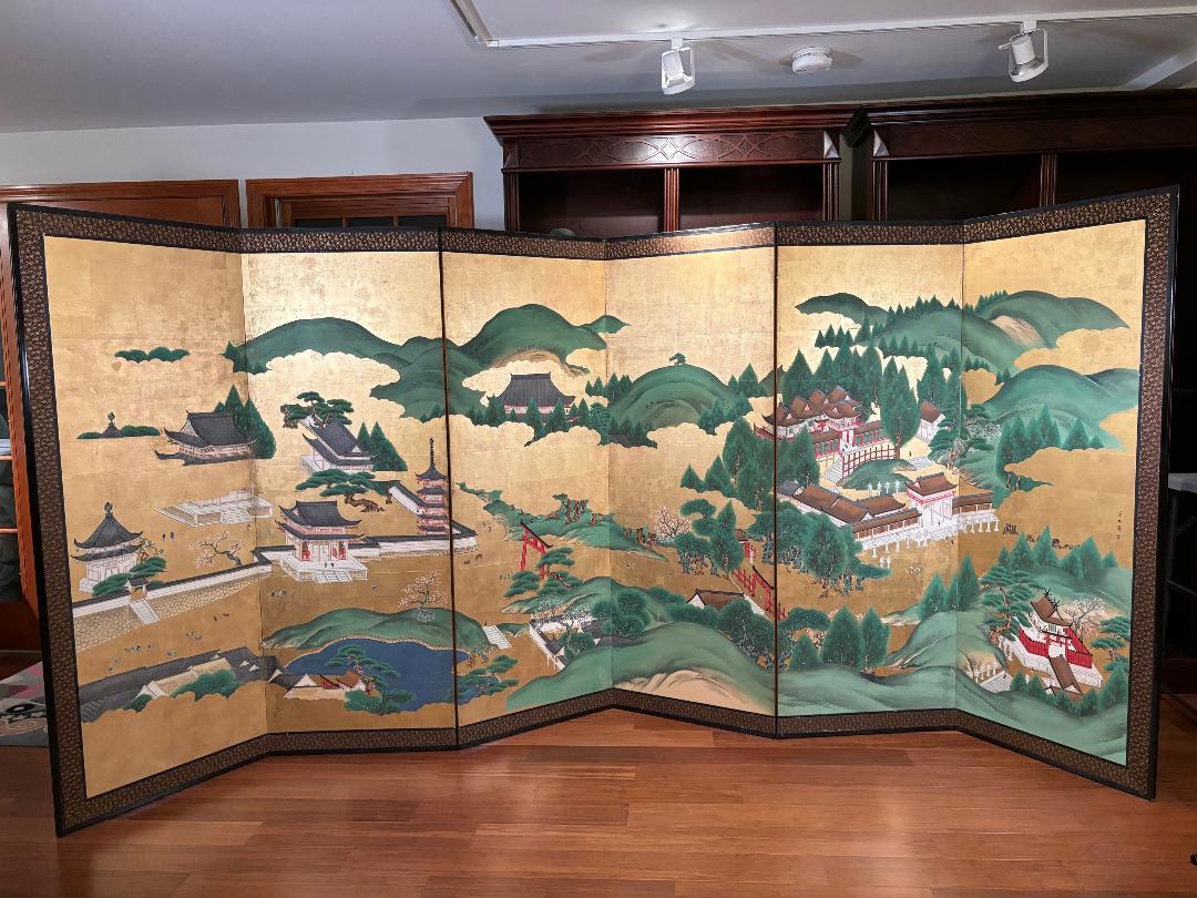 Meiji Japanese Antique Stunning Hand Painted Green Gardens, Pagodas,  Lanterns Screen